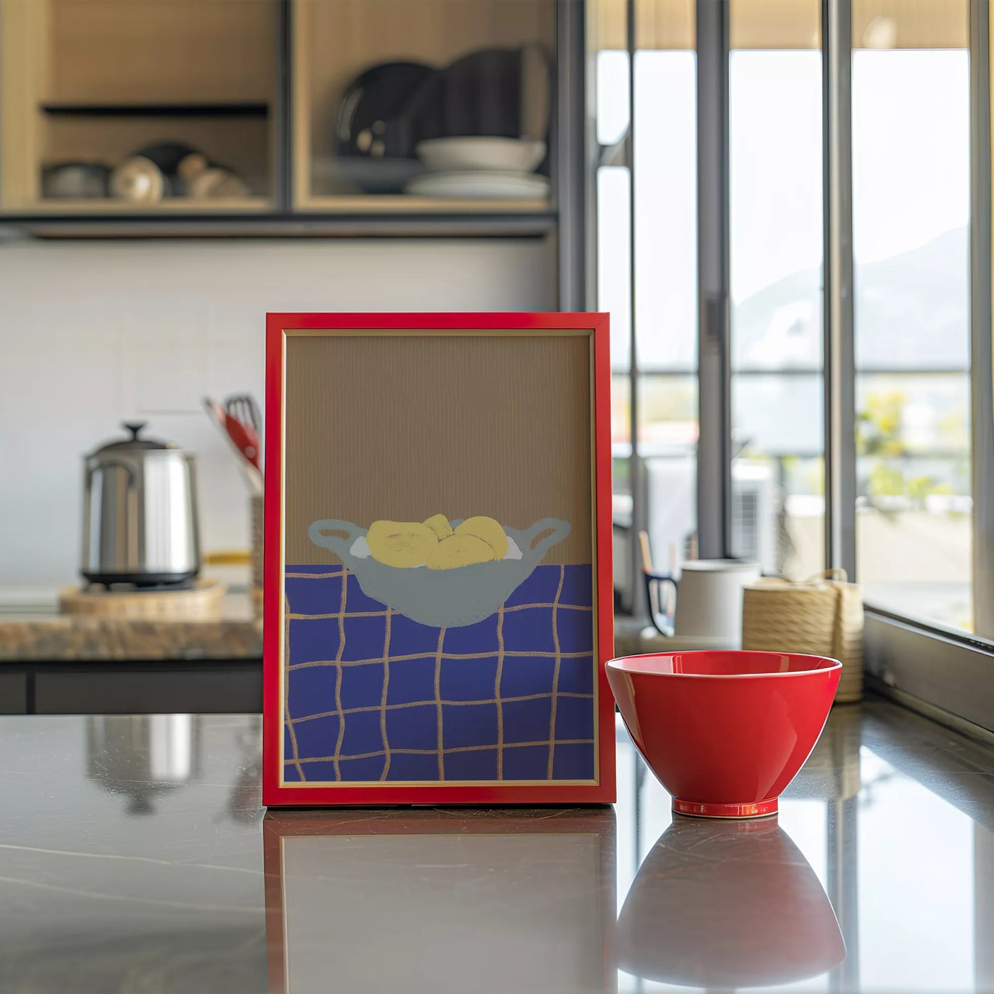 青いテーブルクロスの上に置かれた黄色いレモンの静物画アート