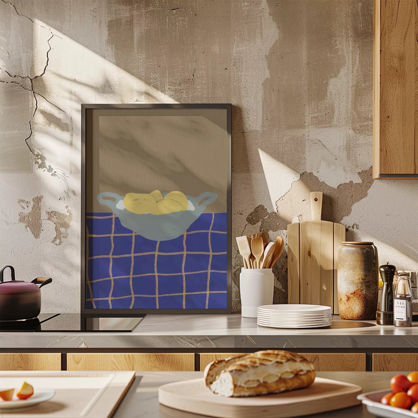 青いテーブルクロスの上に置かれた黄色いレモンの静物画アート