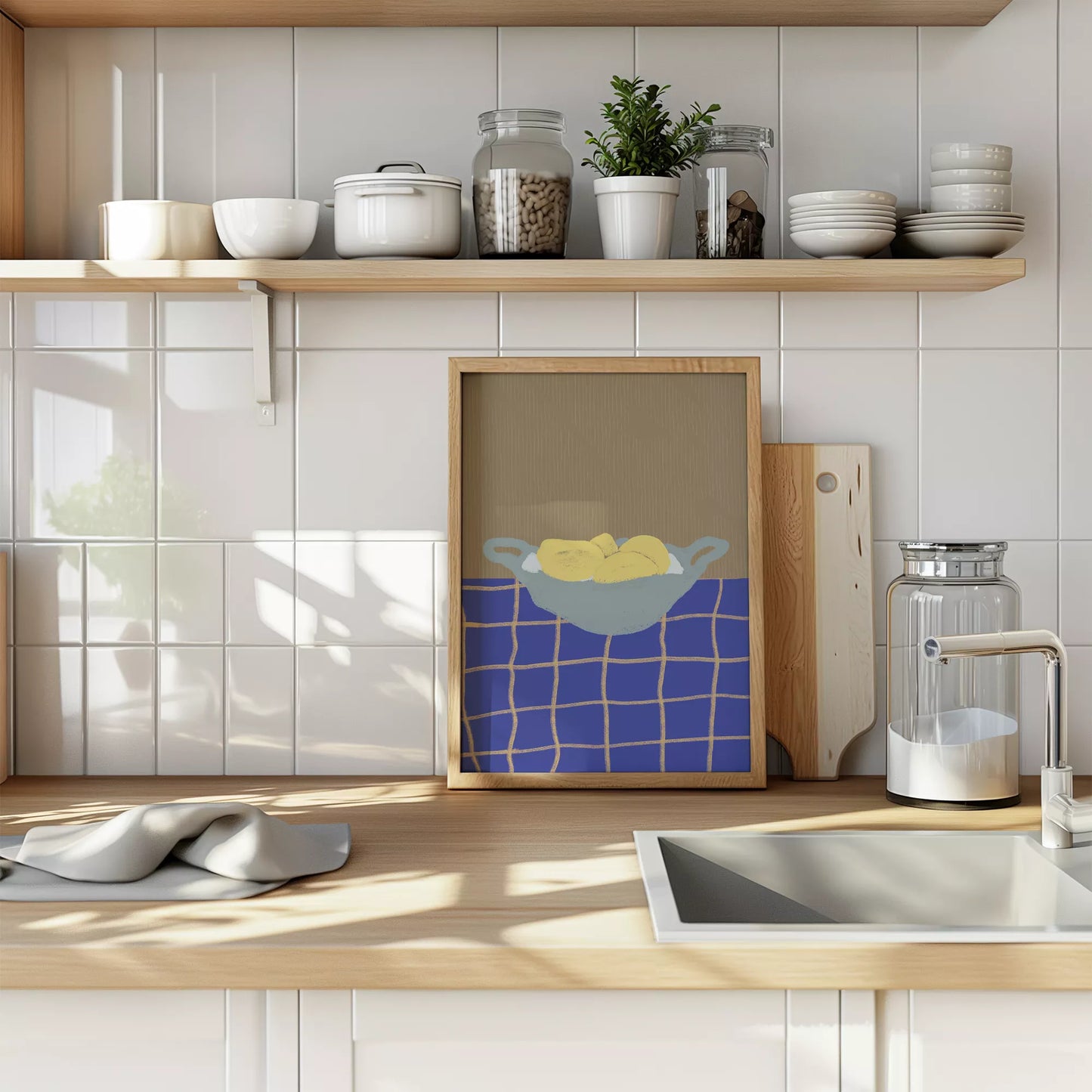 青いテーブルクロスの上に置かれた黄色いレモンの静物画アート