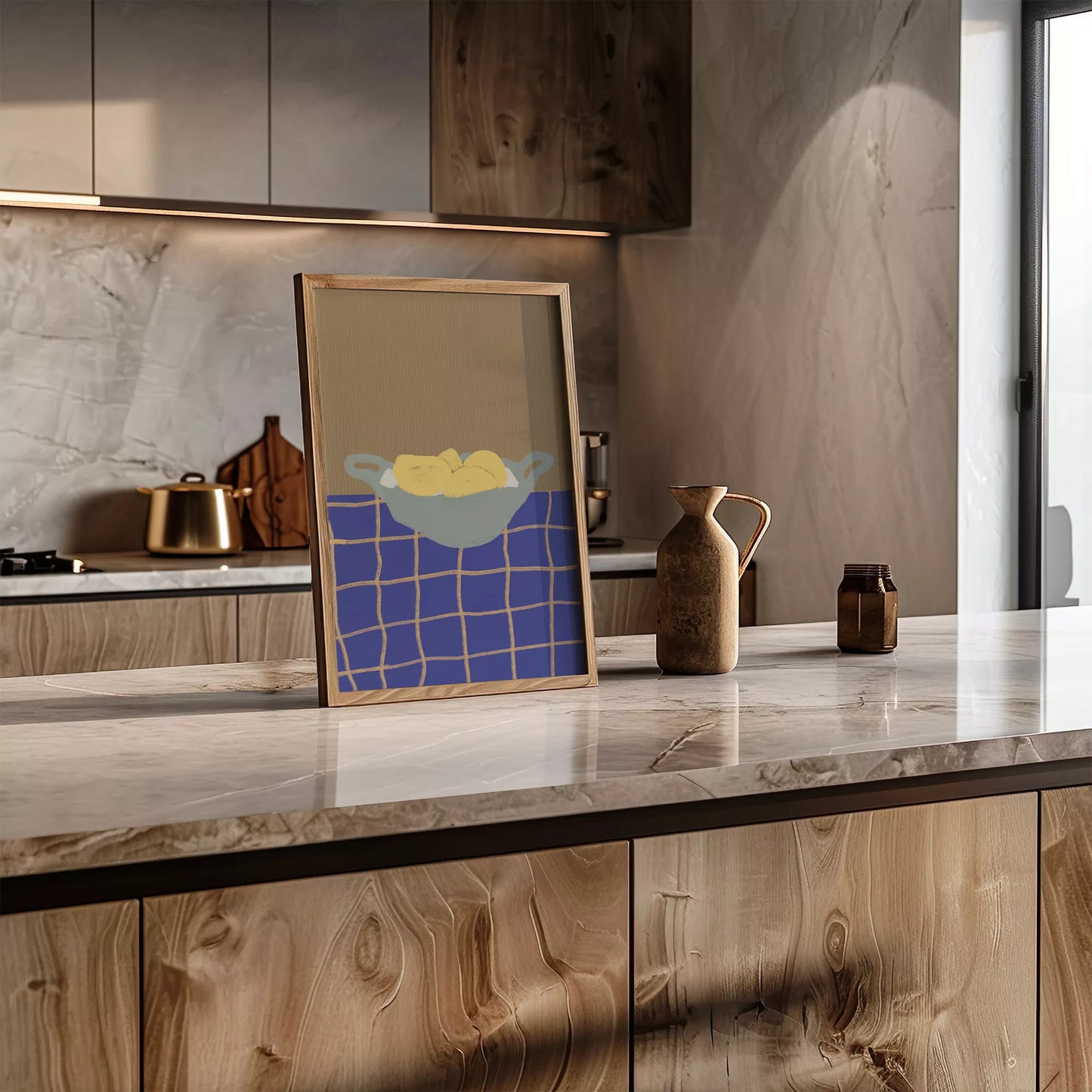 青いテーブルクロスの上に置かれた黄色いレモンの静物画アート