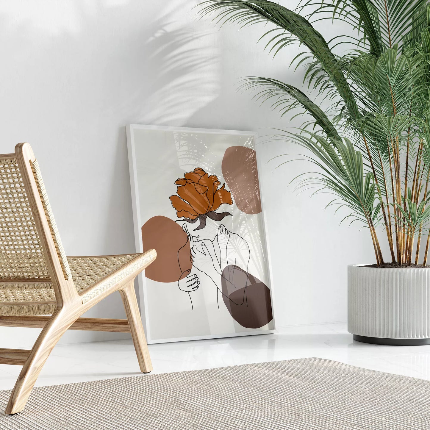 テラコッタカラーのバラと線画アートのモダンな抽象画