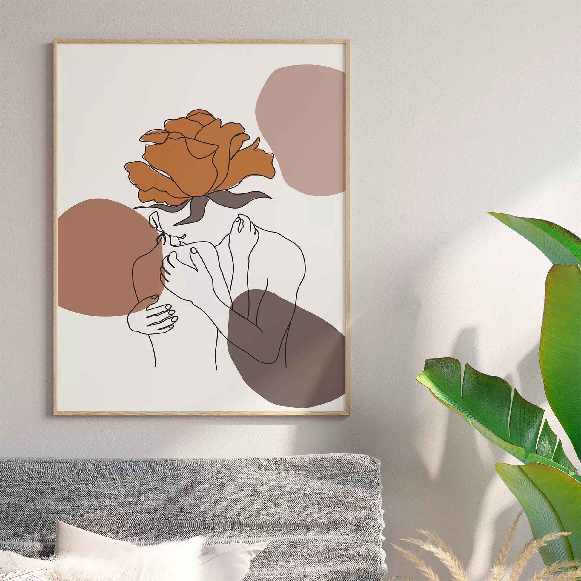 テラコッタカラーのバラと線画アートのモダンな抽象画