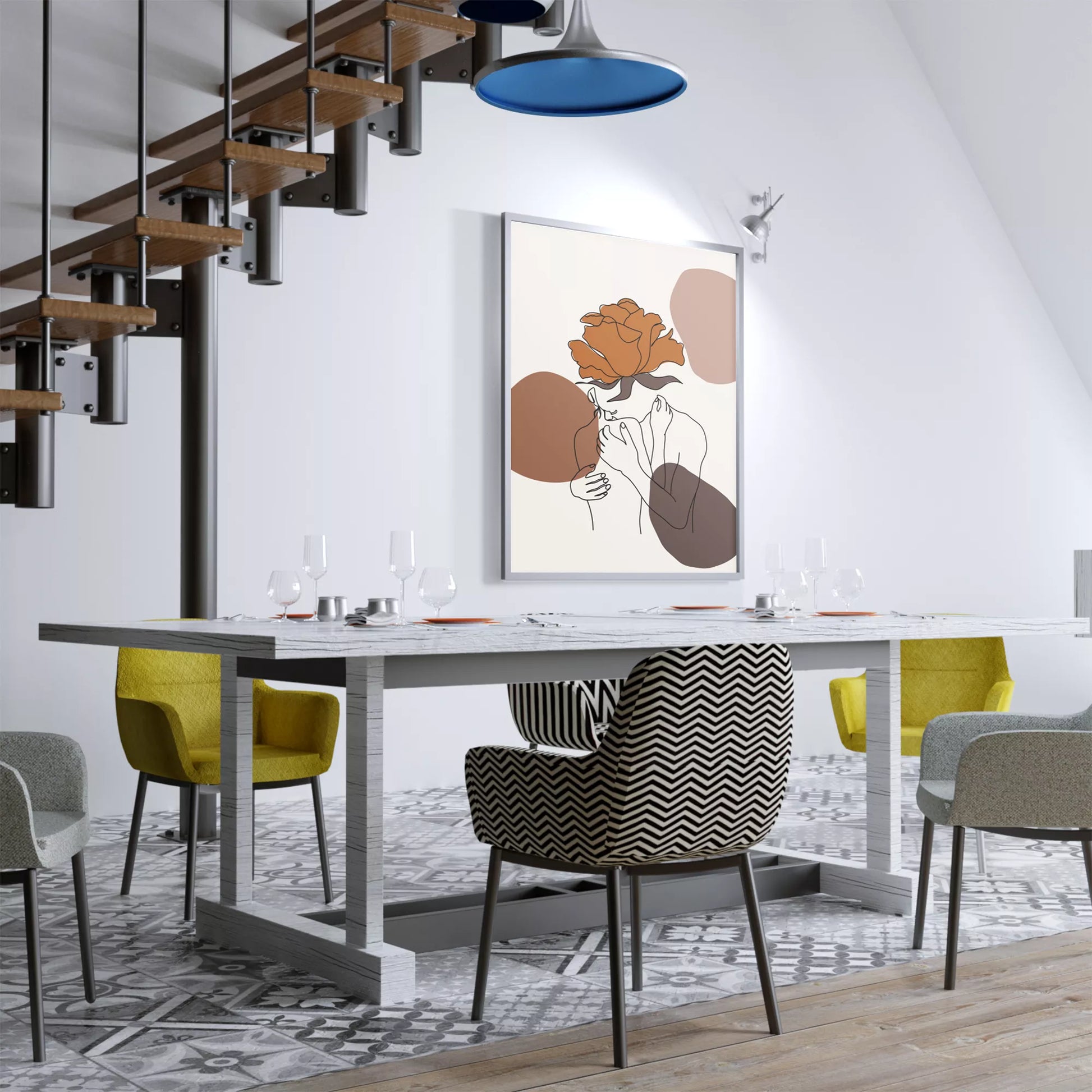 テラコッタカラーのバラと線画アートのモダンな抽象画