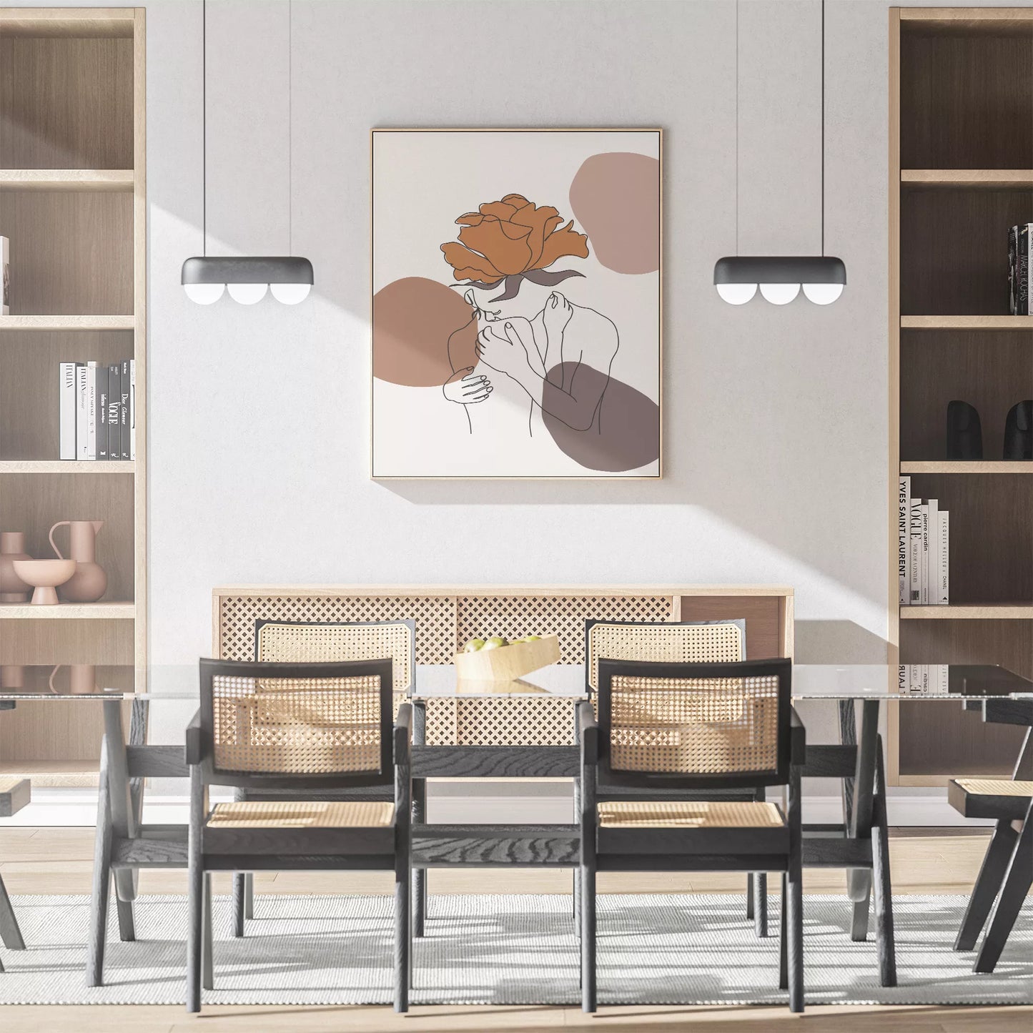 テラコッタカラーのバラと線画アートのモダンな抽象画