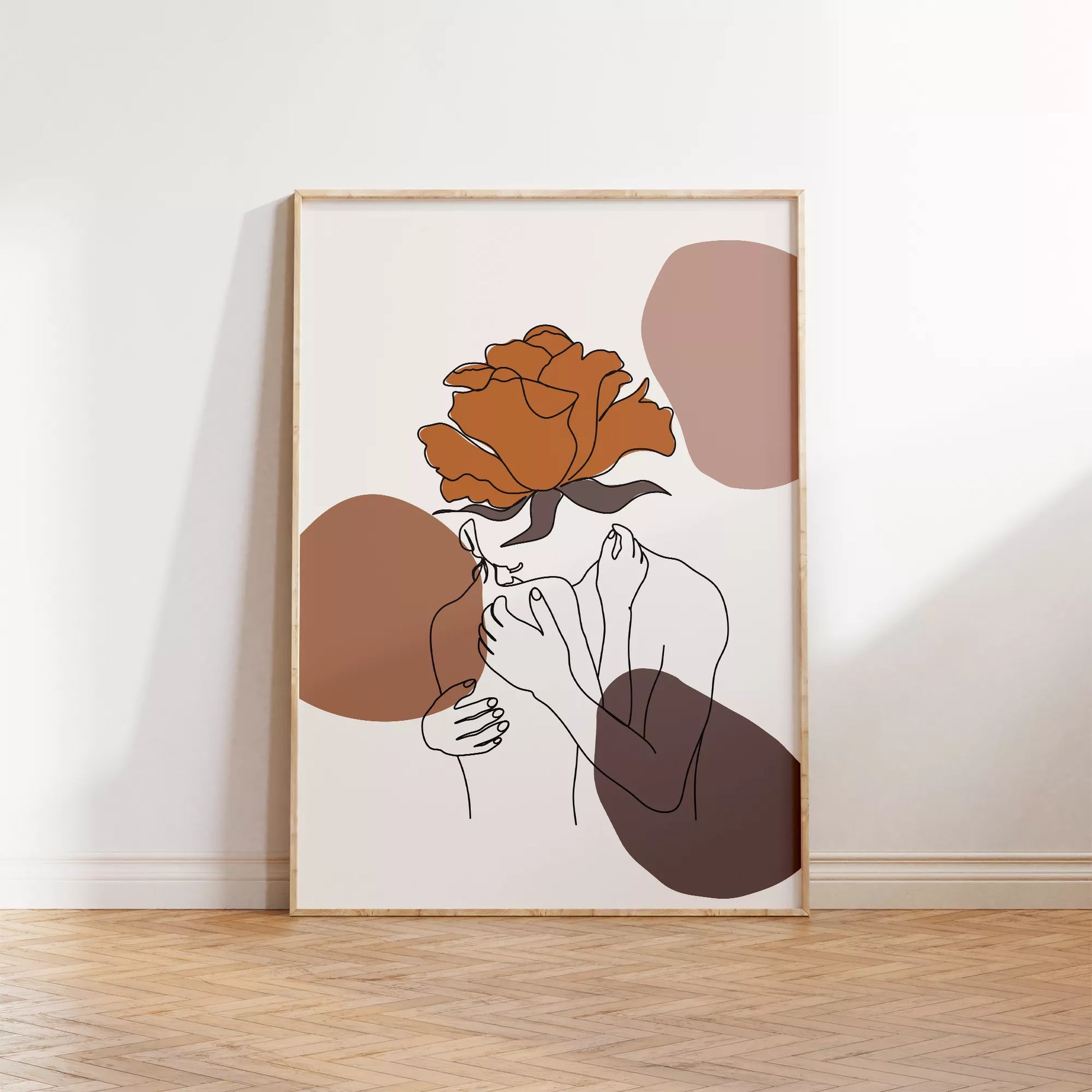 テラコッタカラーのバラと線画アートのモダンな抽象画