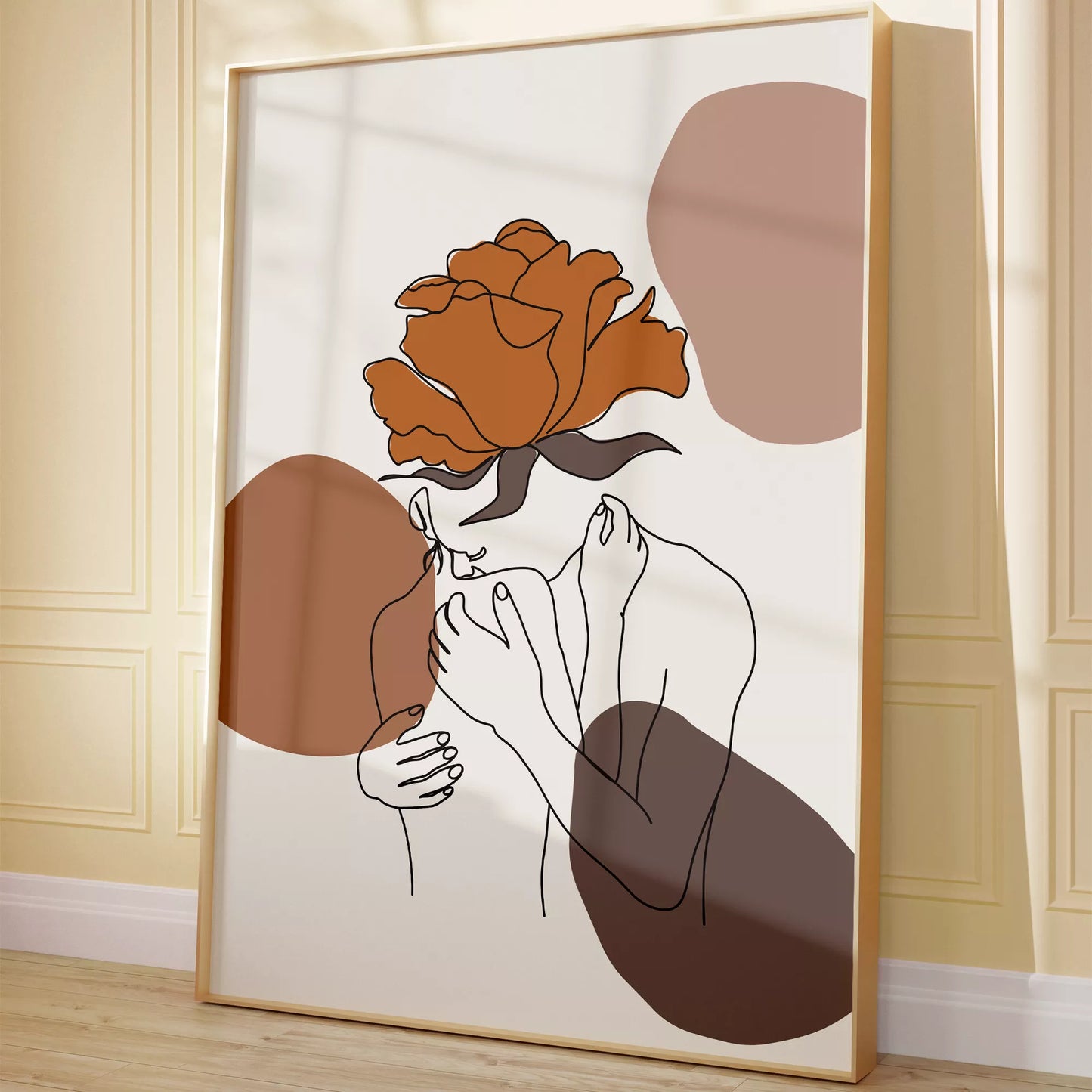 テラコッタカラーのバラと線画アートのモダンな抽象画