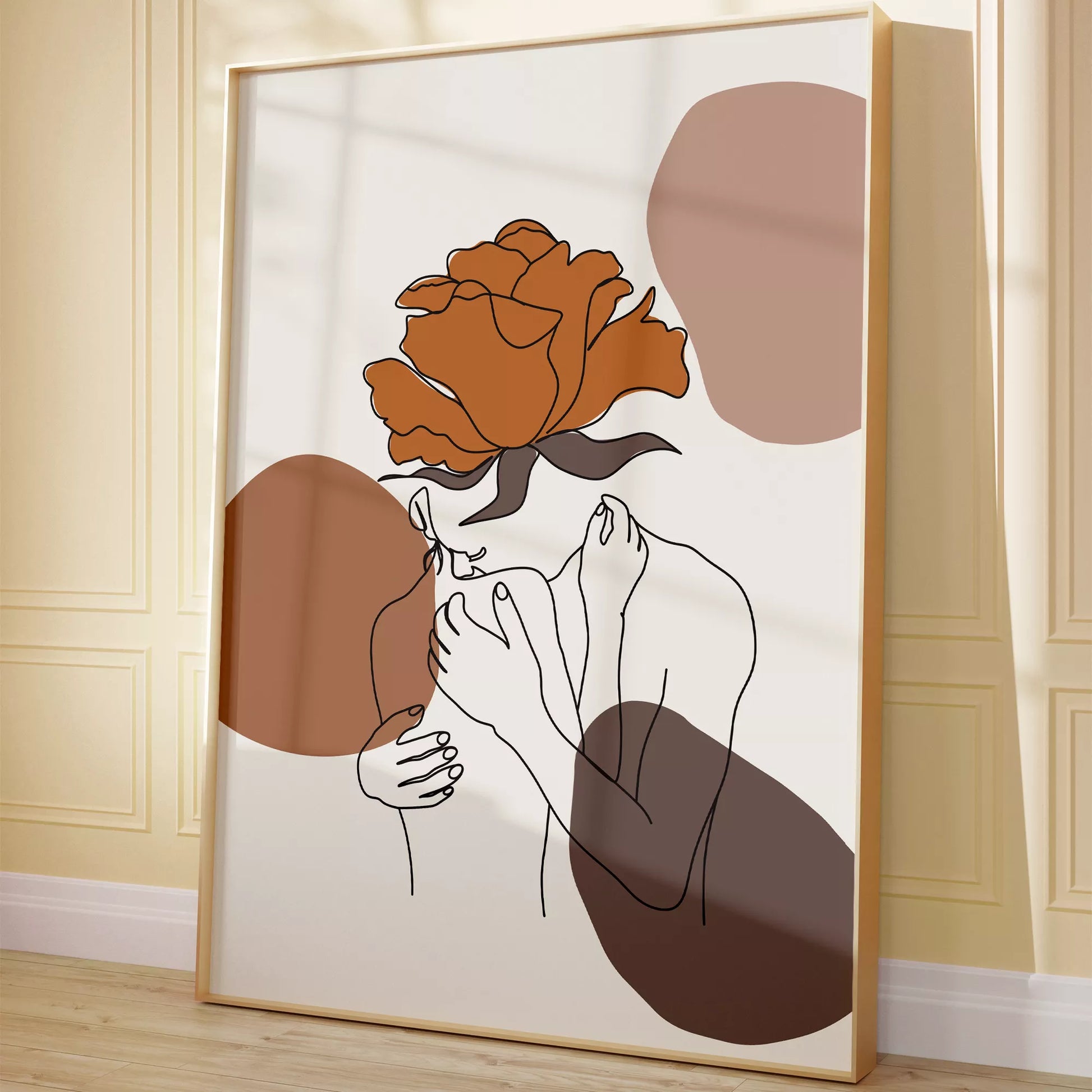 テラコッタカラーのバラと線画アートのモダンな抽象画