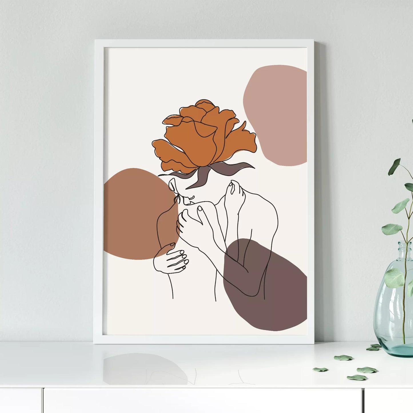 テラコッタカラーのバラと線画アートのモダンな抽象画