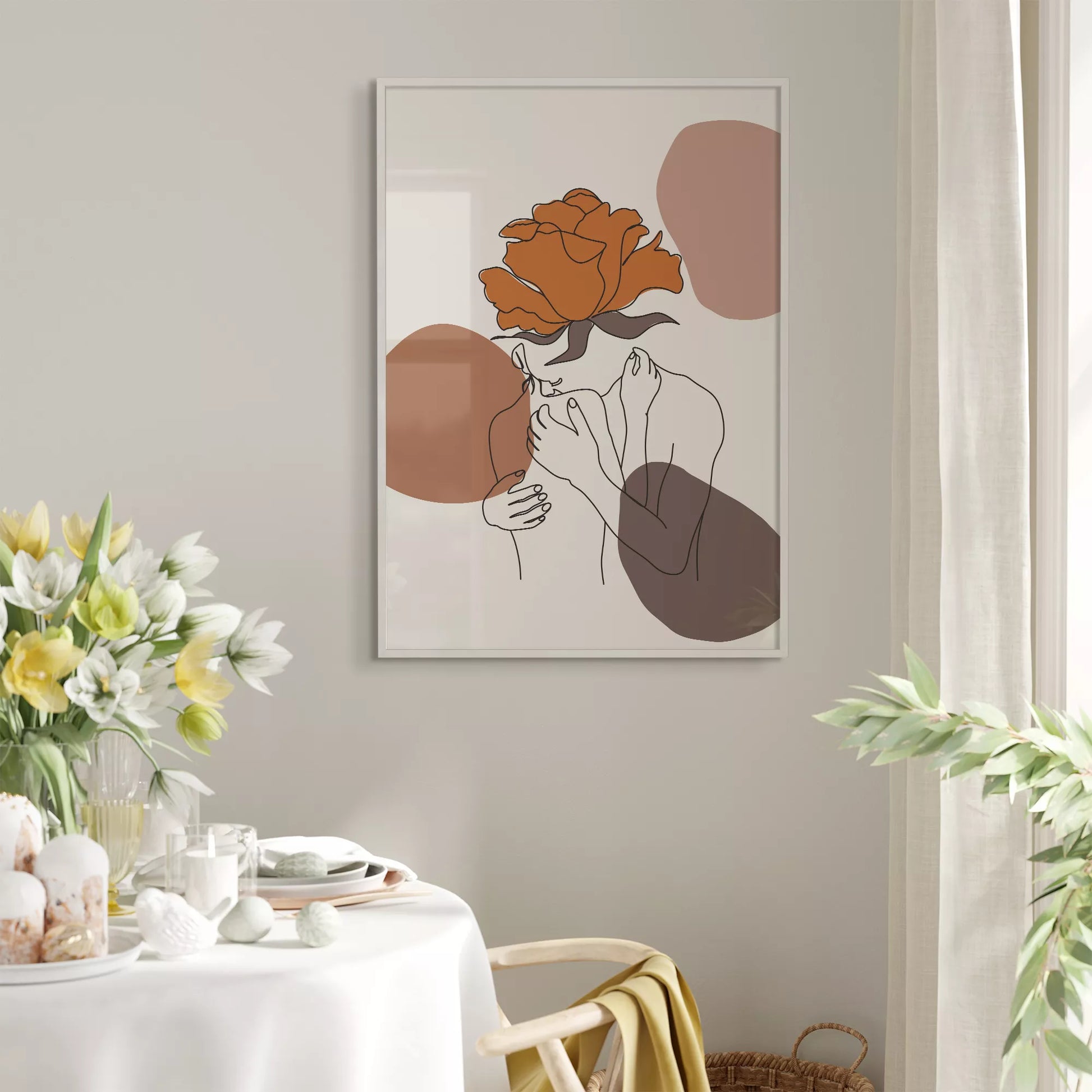テラコッタカラーのバラと線画アートのモダンな抽象画