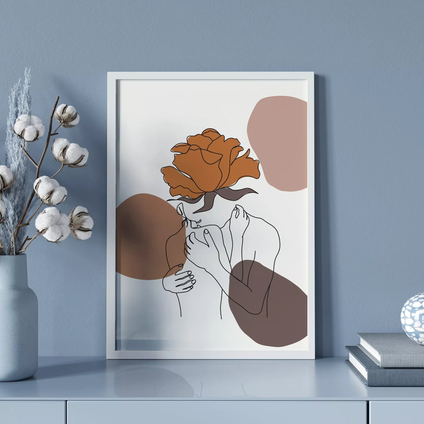 テラコッタカラーのバラと線画アートのモダンな抽象画