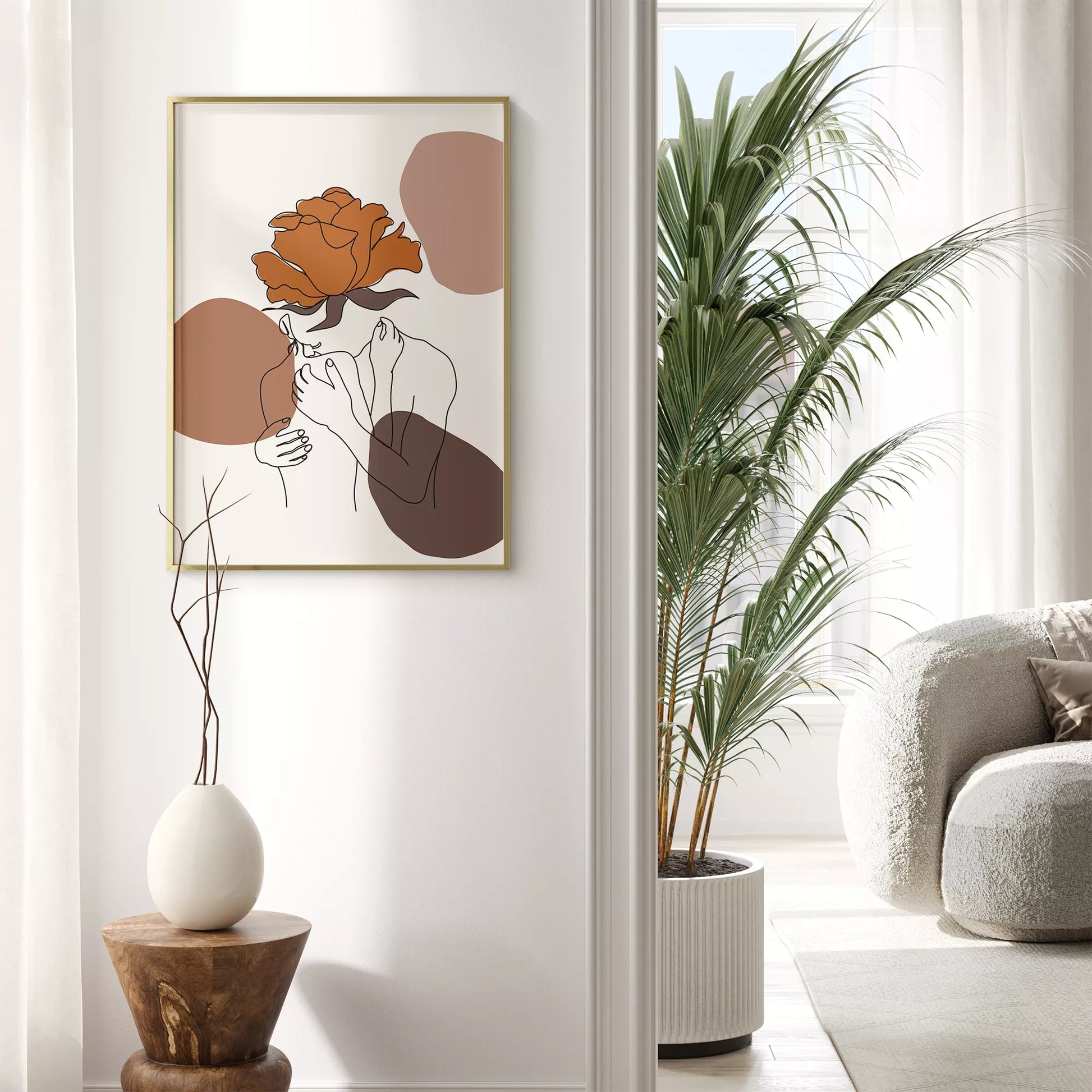 テラコッタカラーのバラと線画アートのモダンな抽象画