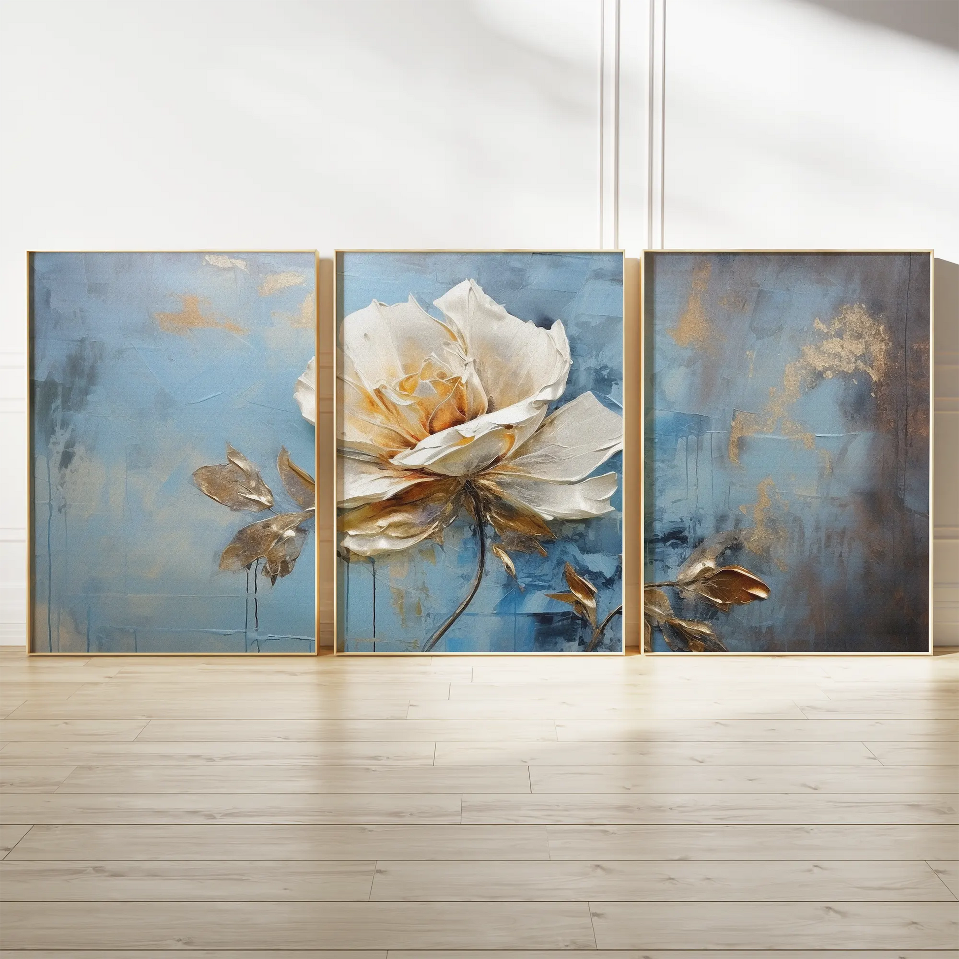 抽象的なブルーゴールドの蓮アートポスター 北欧モダンインテリア 3枚セット
