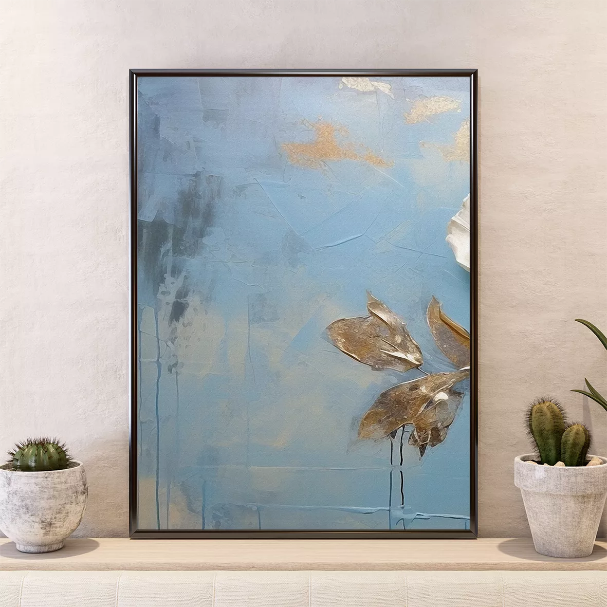 青と金の蓮の花水彩画トリプティックアートパネル