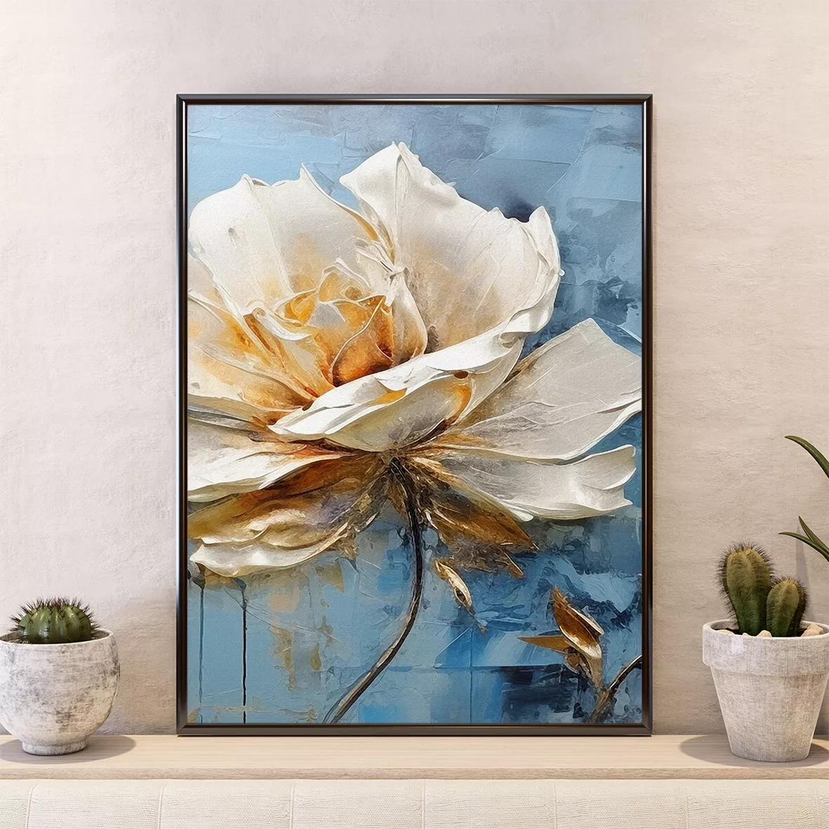 青と金の蓮の花水彩画トリプティックアートパネル