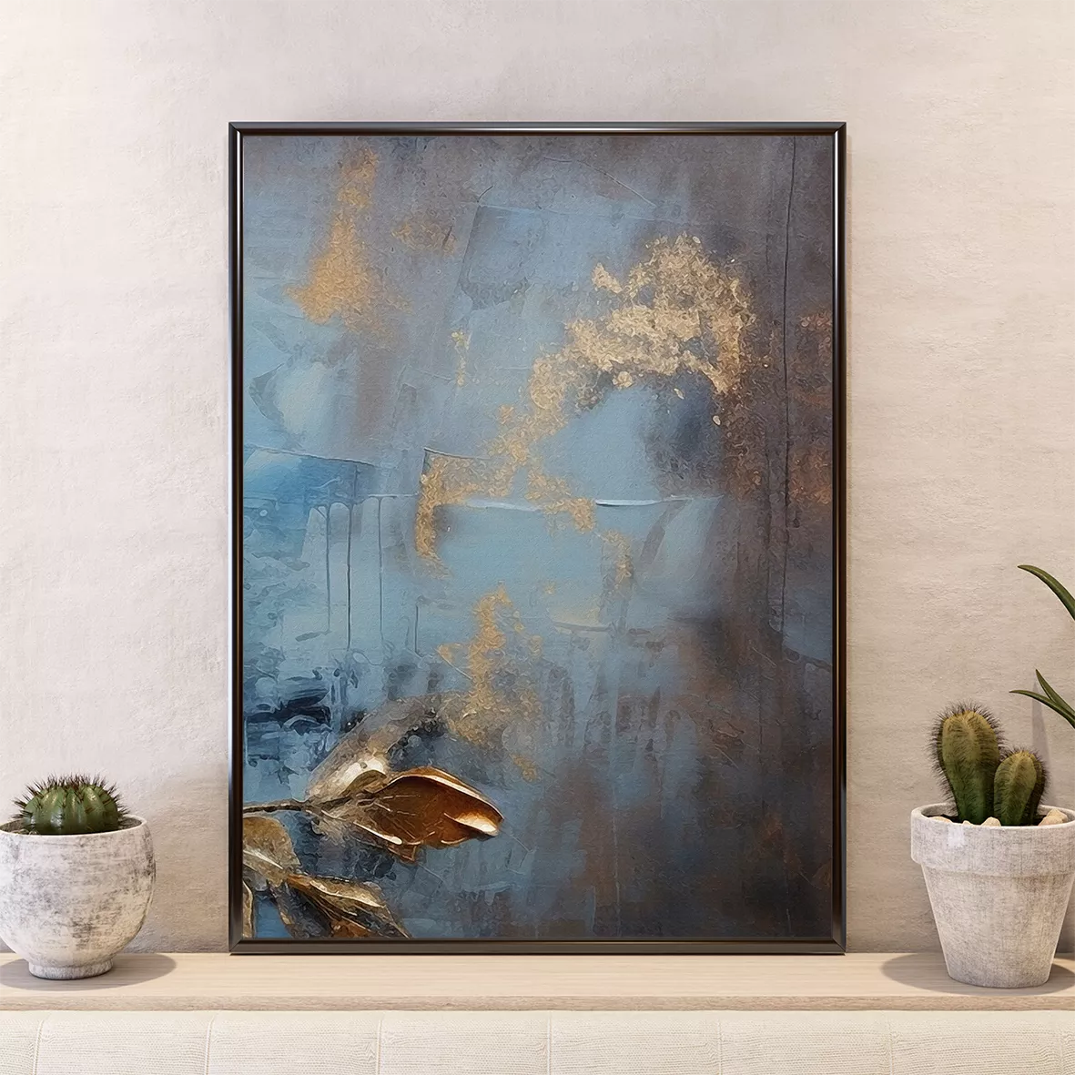 青と金の蓮の花水彩画トリプティックアートパネル