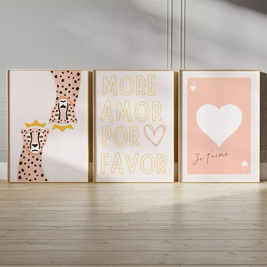 ピンクとゴールドのチーターアートとラブメッセージのモダンな3点セット
