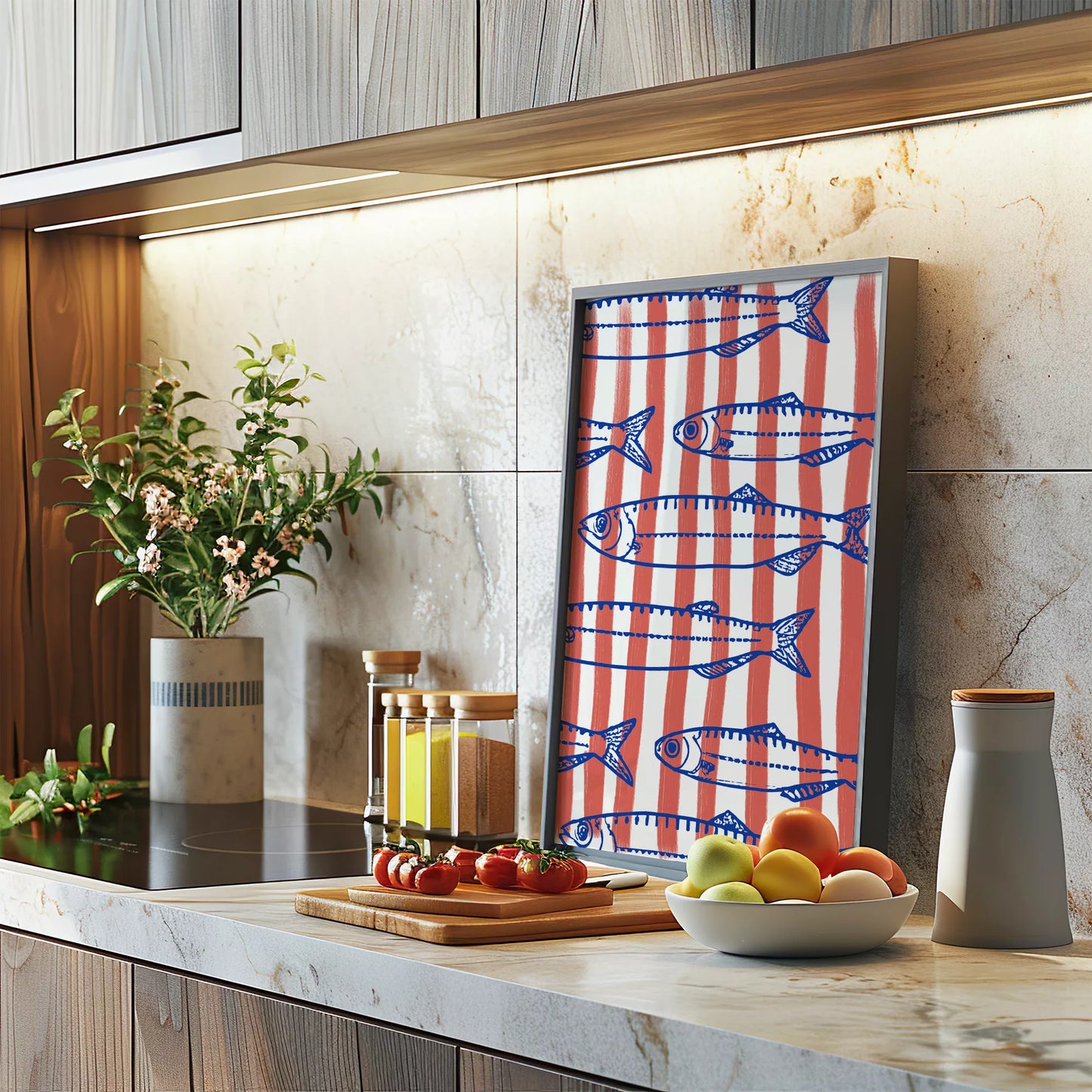 青い魚のイラストとサーモンピンクのストライプ模様の北欧風デザイン