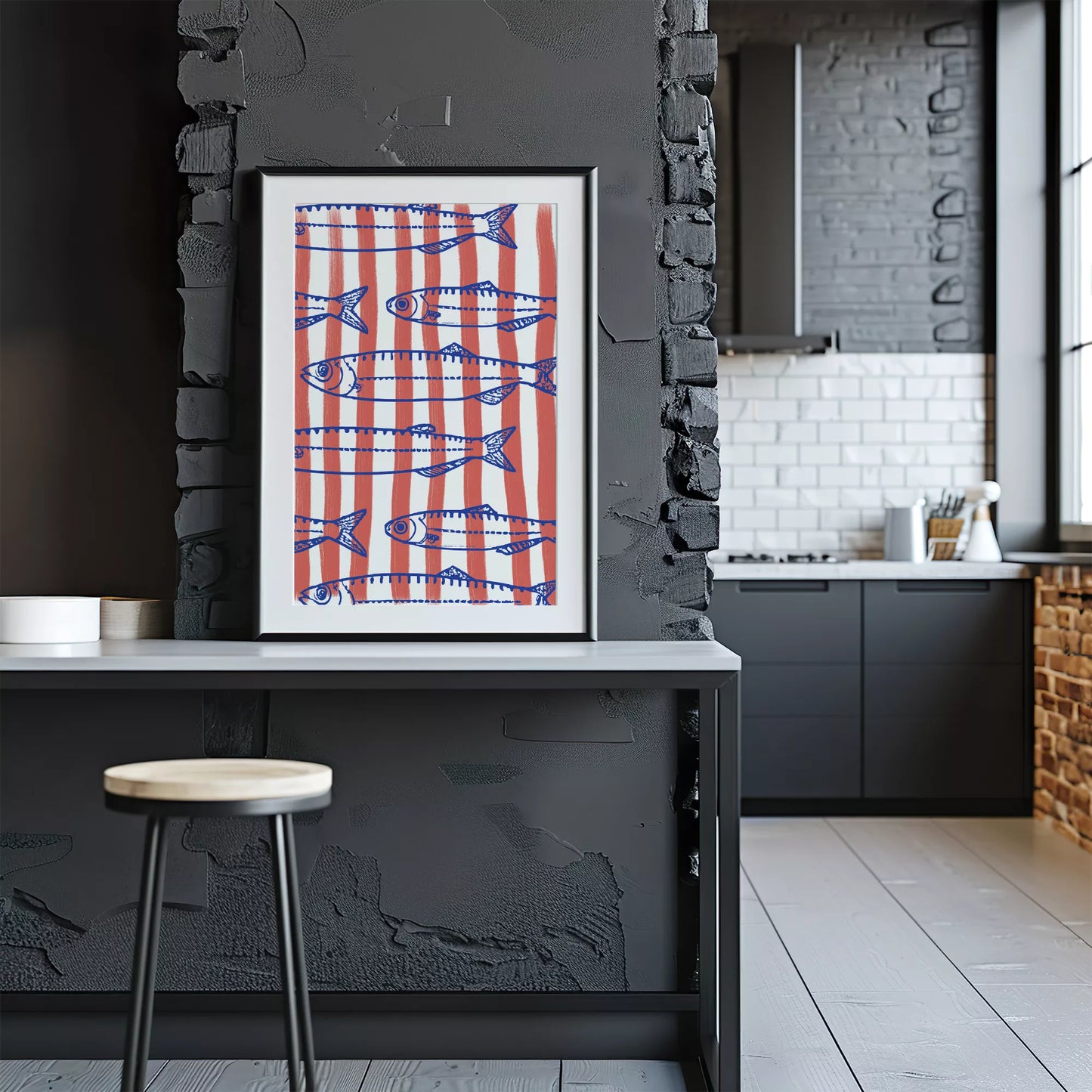 青い魚のイラストとサーモンピンクのストライプ模様の北欧風デザイン