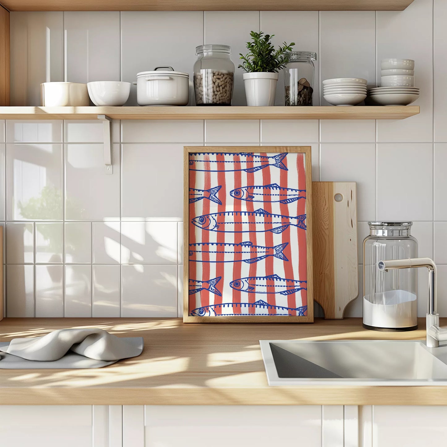 青い魚のイラストとサーモンピンクのストライプ模様の北欧風デザイン