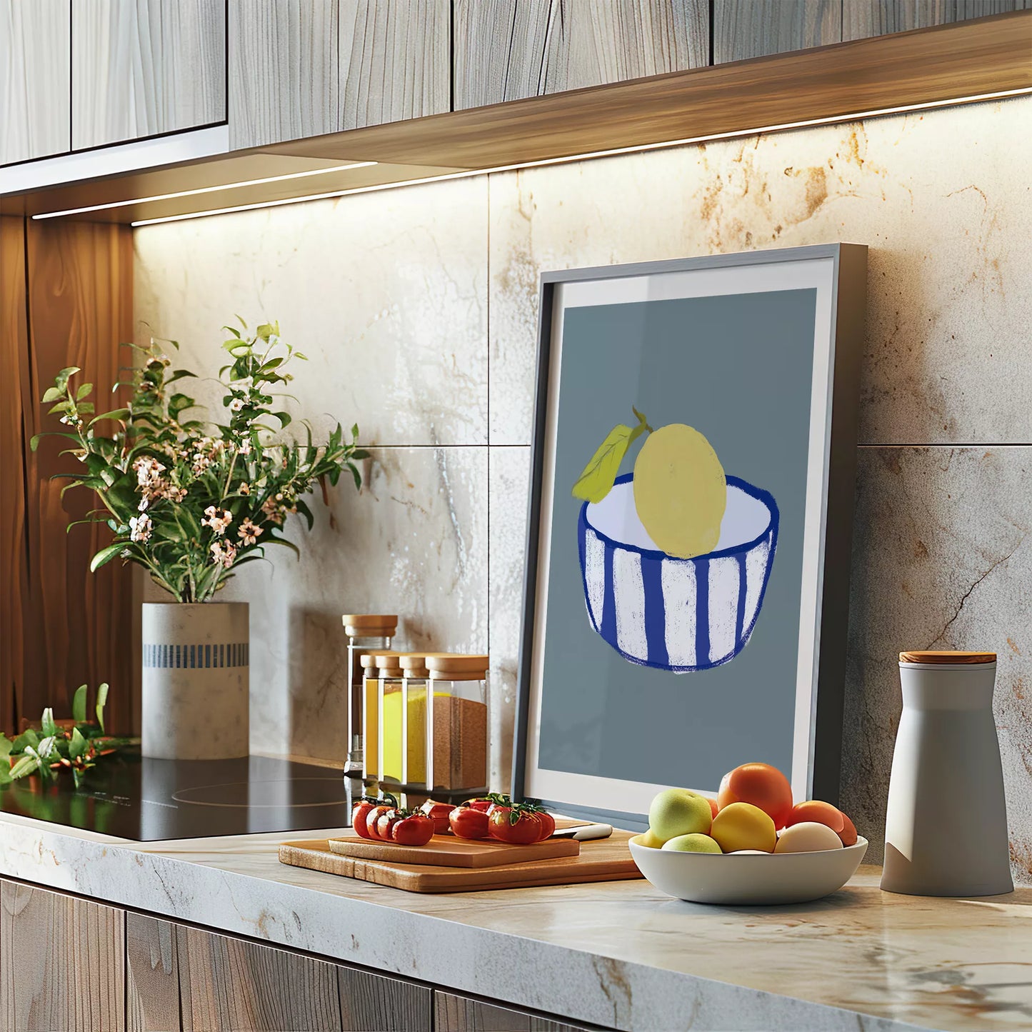 キッチンアート ミニマルボウル レモンブルー 北欧モダンキッチン ストライプデザイン