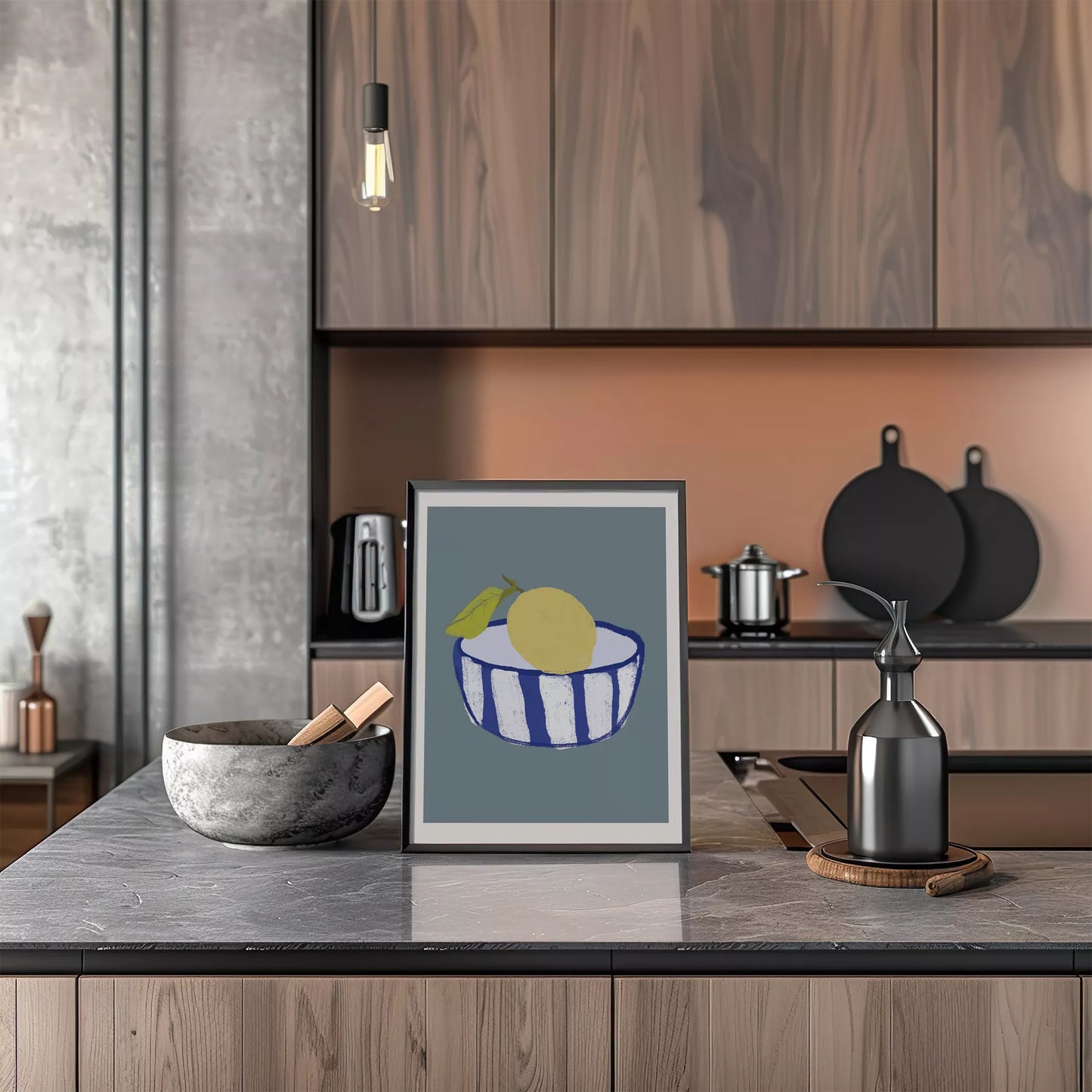 キッチンアート ミニマルボウル レモンブルー 北欧モダンキッチン ストライプデザイン