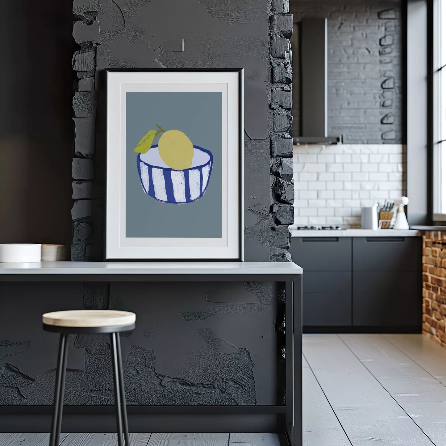 キッチンアート ミニマルボウル レモンブルー 北欧モダンキッチン ストライプデザイン