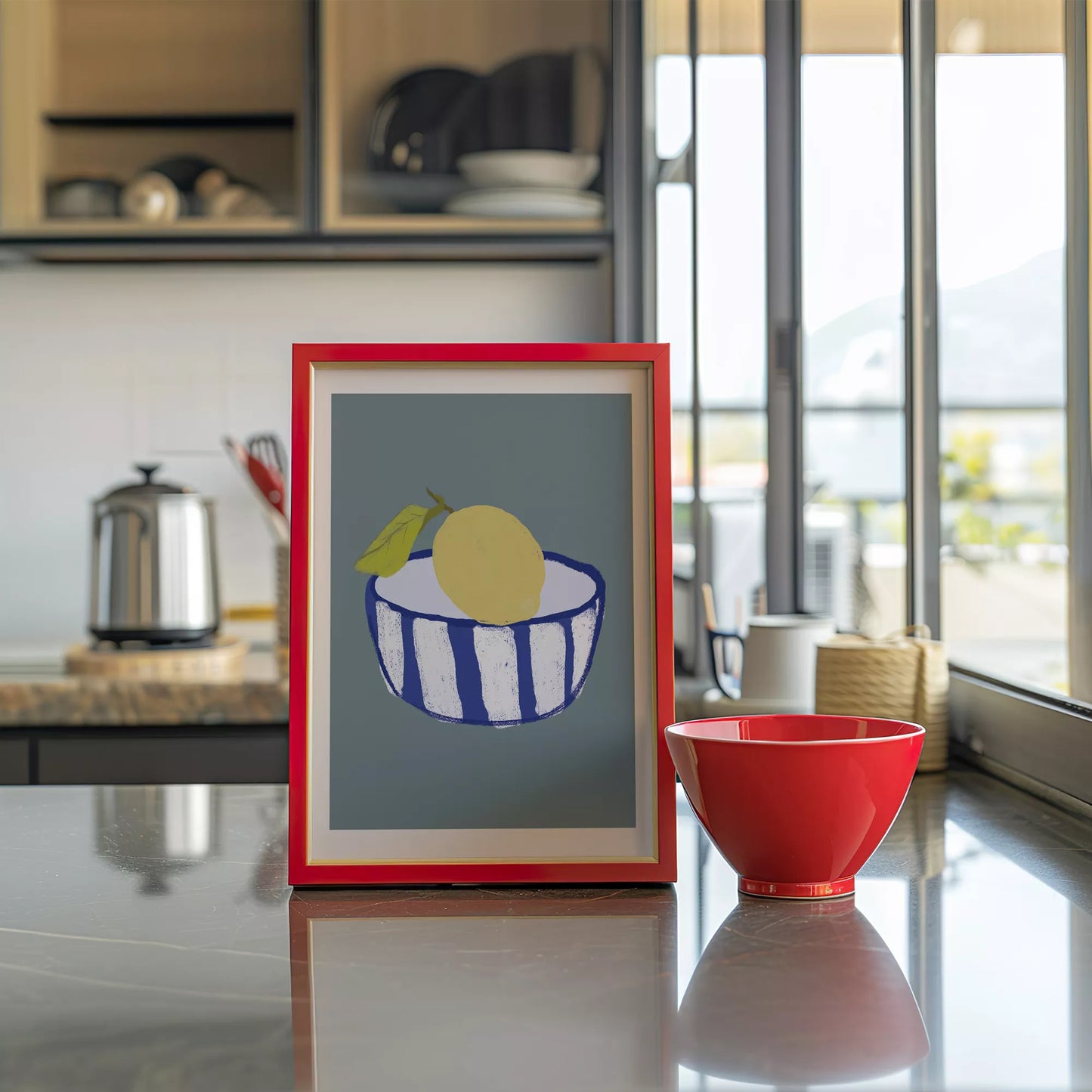 キッチンアート ミニマルボウル レモンブルー 北欧モダンキッチン ストライプデザイン