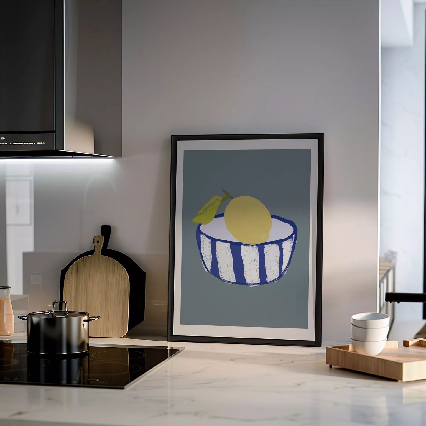 キッチンアート ミニマルボウル レモンブルー 北欧モダンキッチン ストライプデザイン