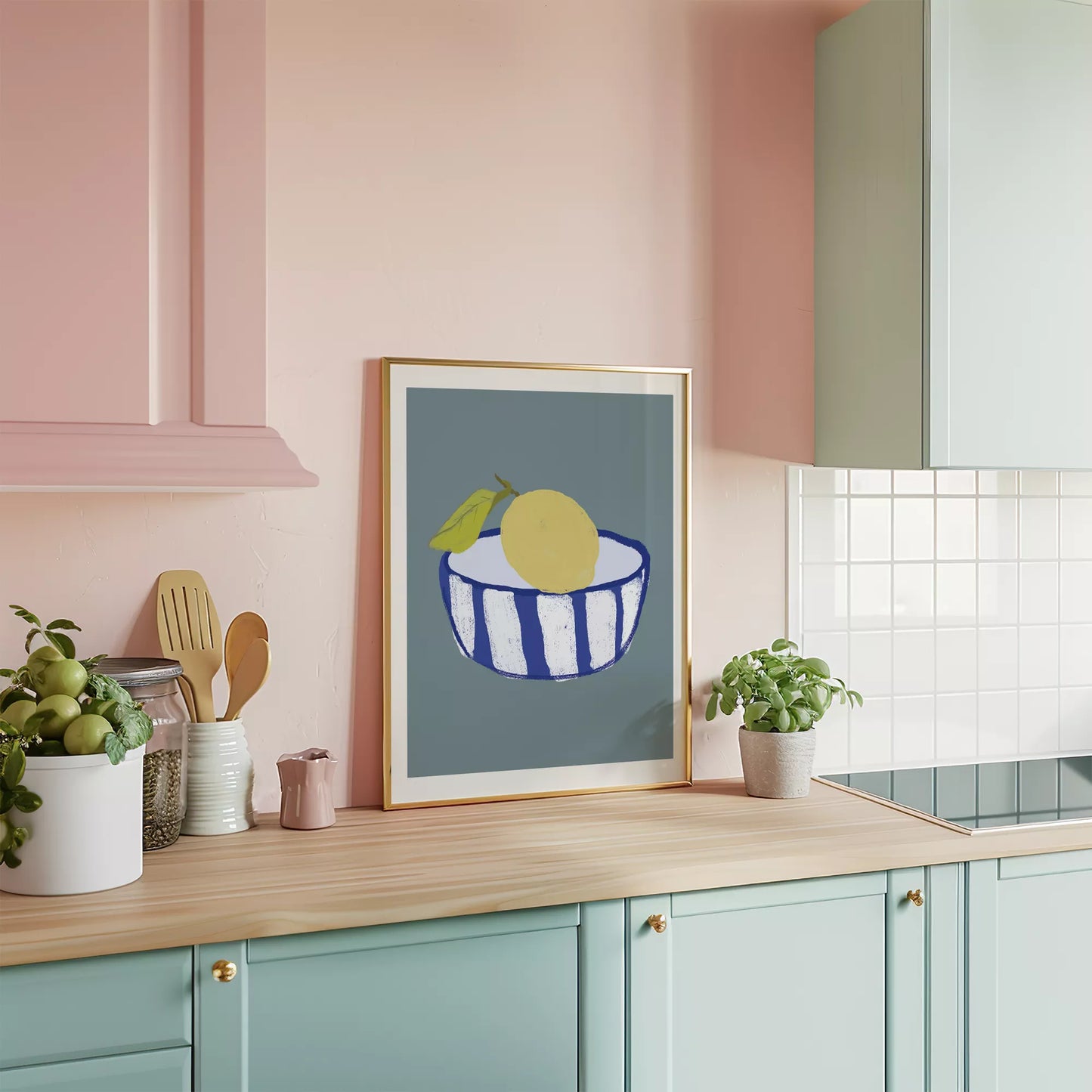 キッチンアート ミニマルボウル レモンブルー 北欧モダンキッチン ストライプデザイン