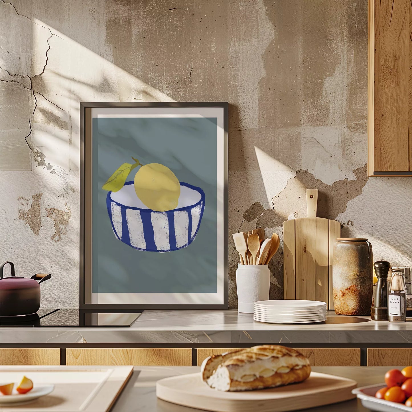 キッチンアート ミニマルボウル レモンブルー 北欧モダンキッチン ストライプデザイン