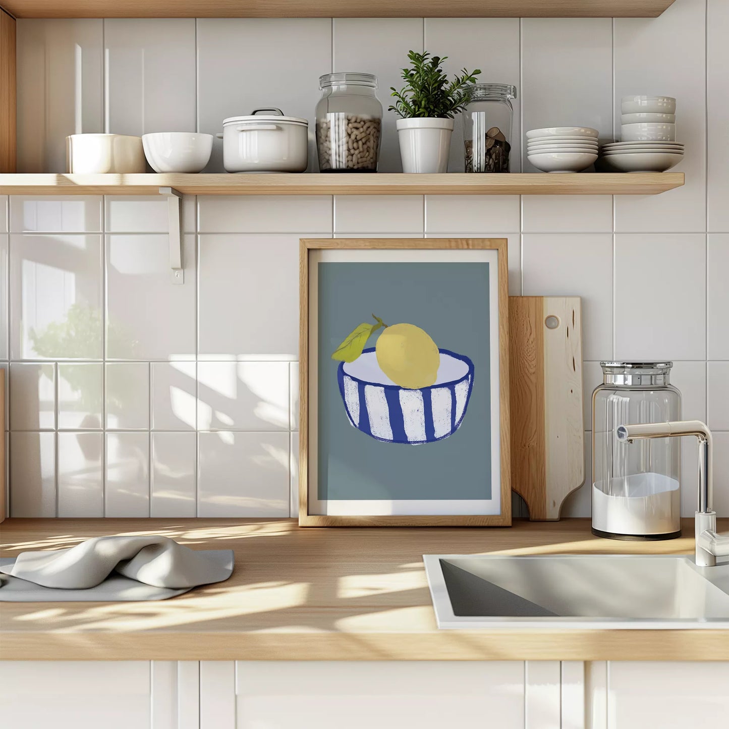 キッチンアート ミニマルボウル レモンブルー 北欧モダンキッチン ストライプデザイン