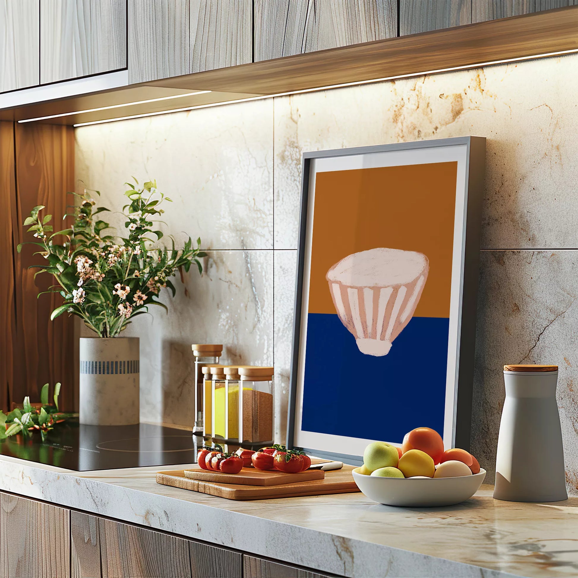 オレンジとブルーの背景に描かれたミニマルなボウルのアートプリント