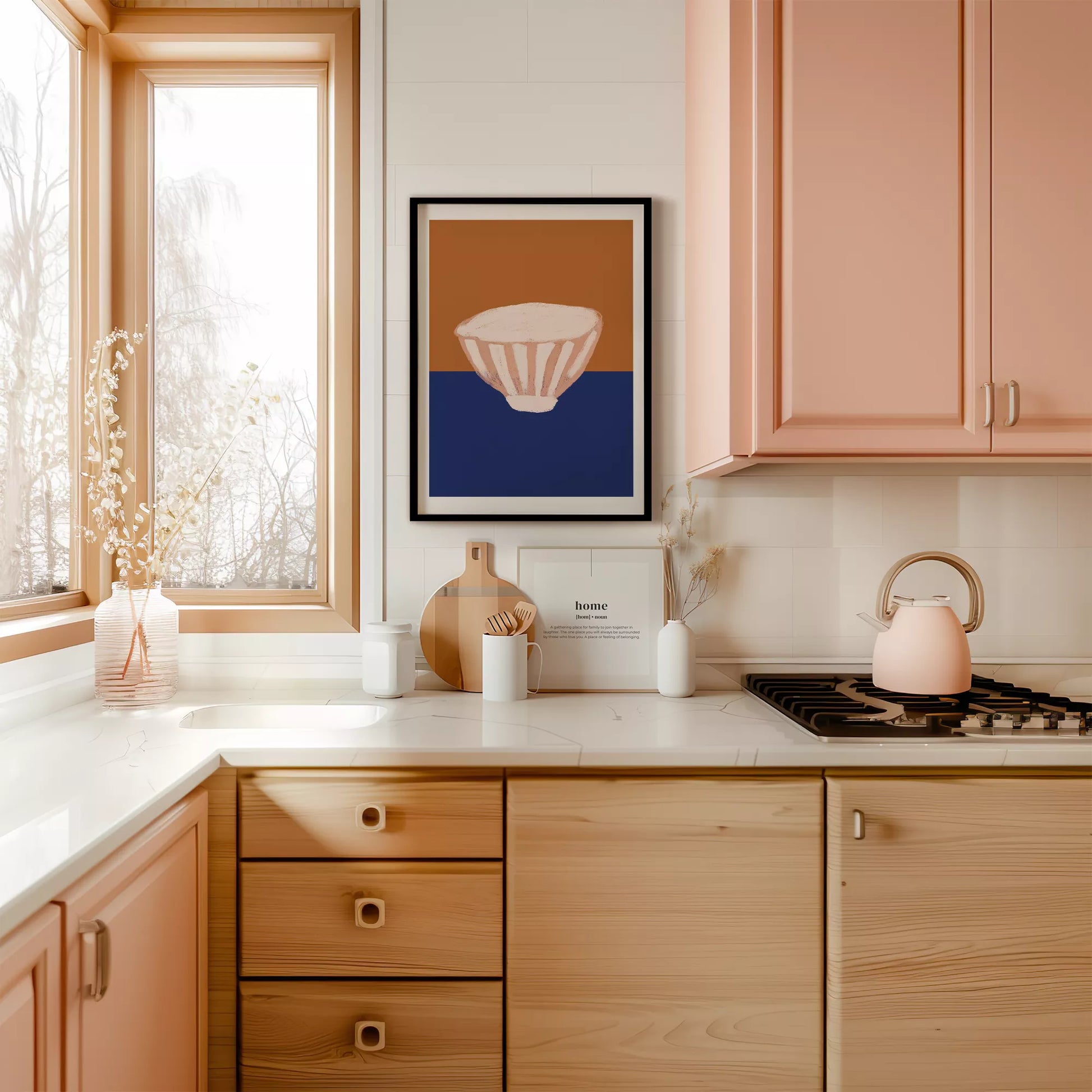 オレンジとブルーの背景に描かれたミニマルなボウルのアートプリント