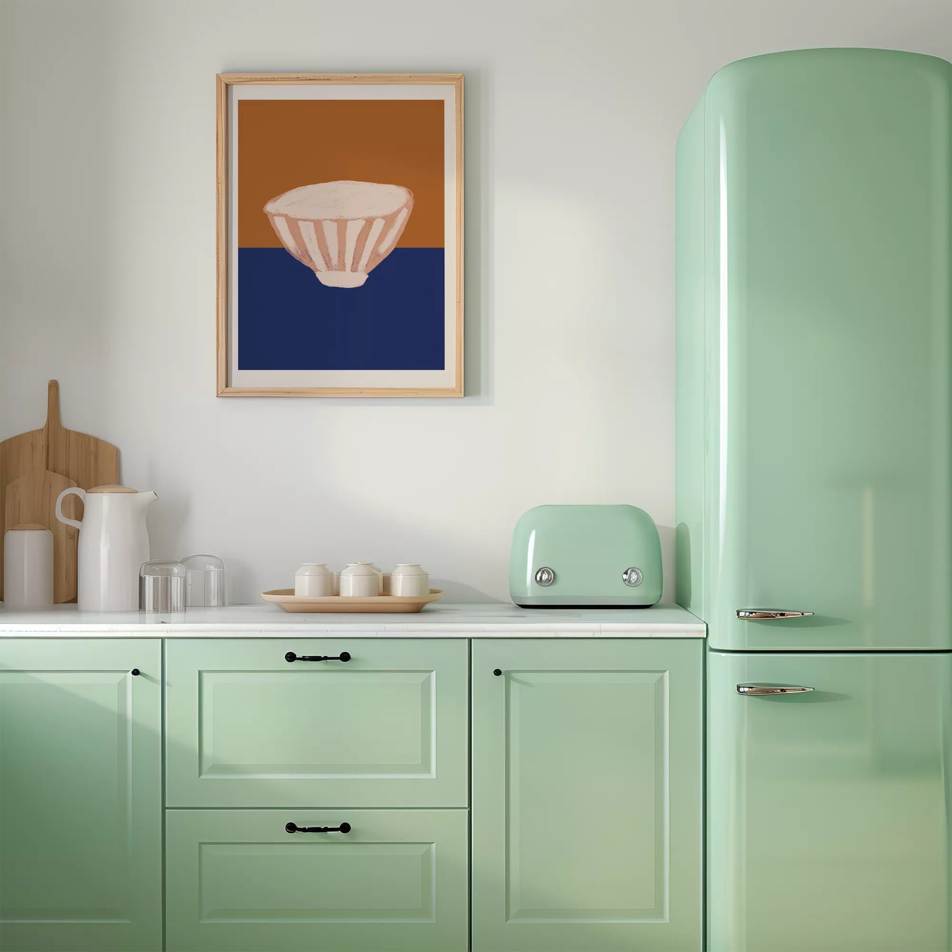 オレンジとブルーの背景に描かれたミニマルなボウルのアートプリント