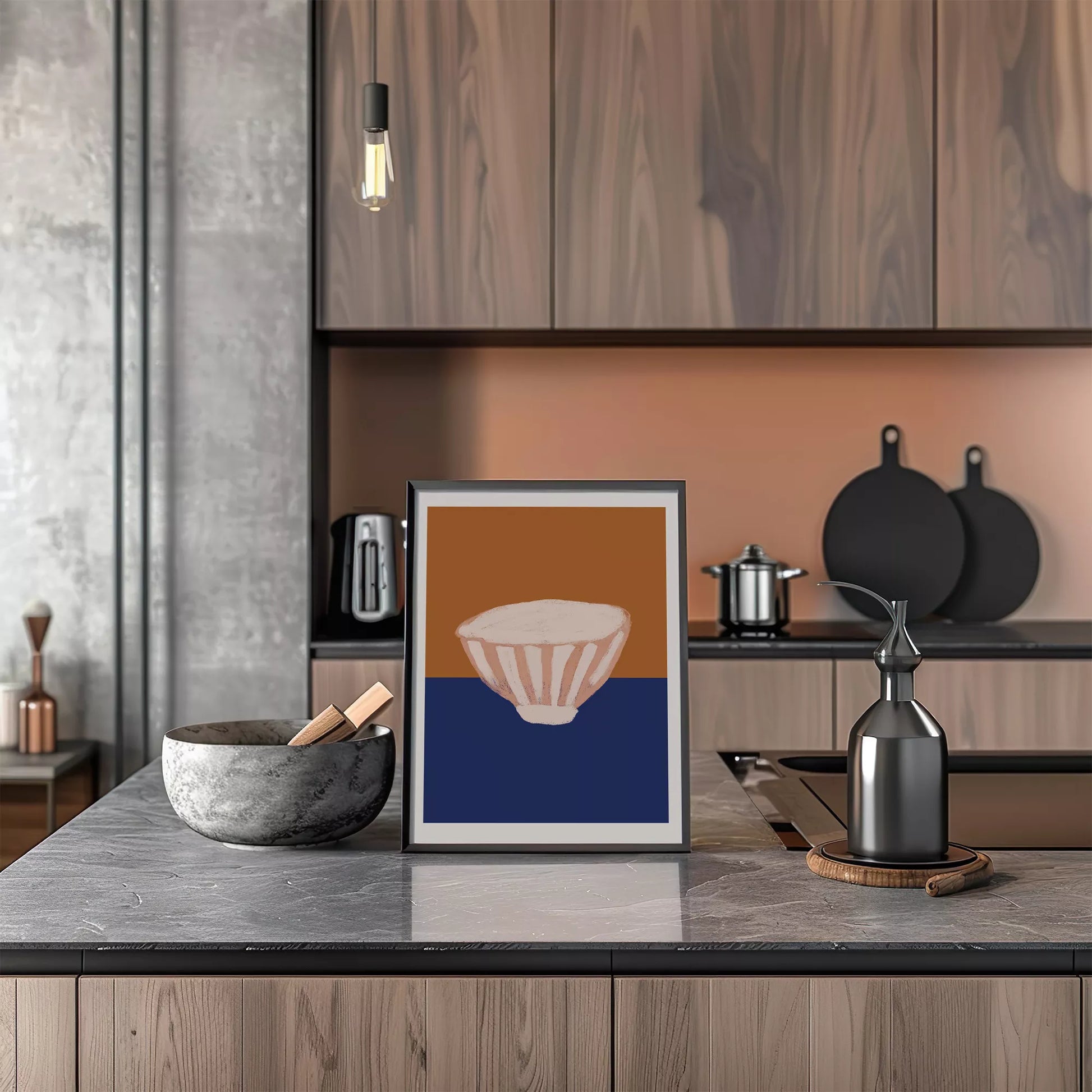 オレンジとブルーの背景に描かれたミニマルなボウルのアートプリント
