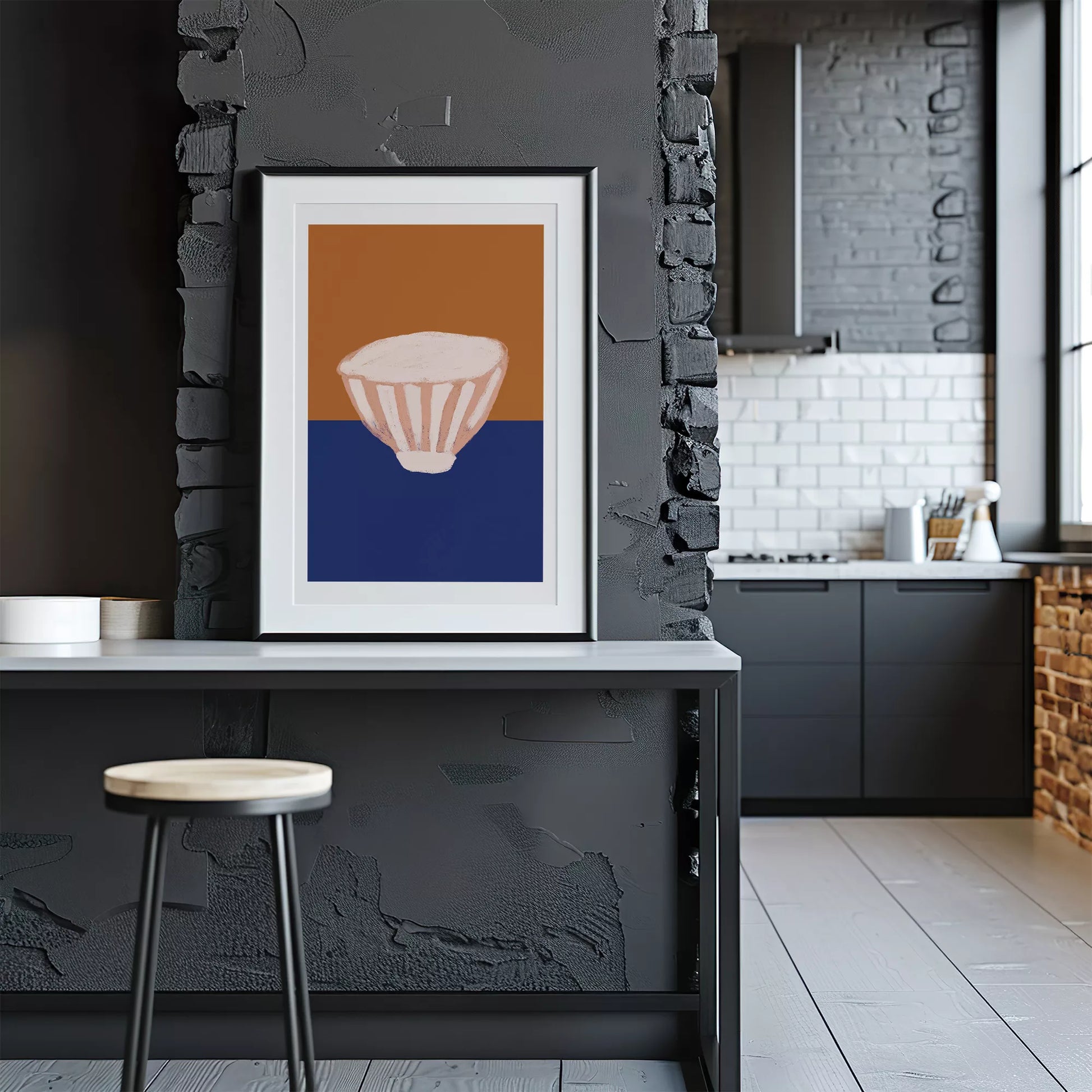 オレンジとブルーの背景に描かれたミニマルなボウルのアートプリント