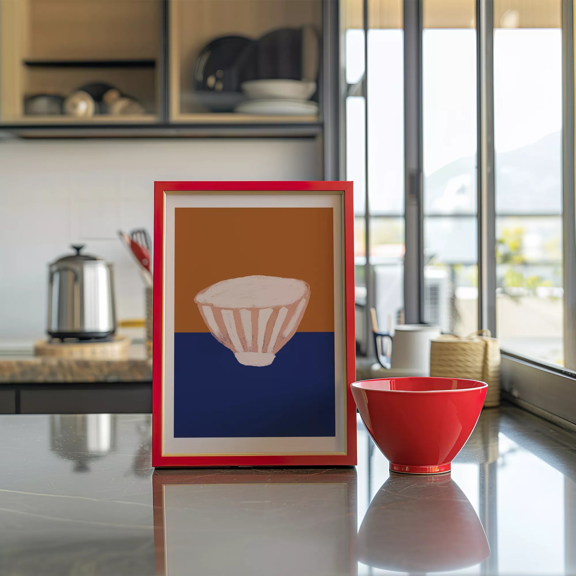 オレンジとブルーの背景に描かれたミニマルなボウルのアートプリント