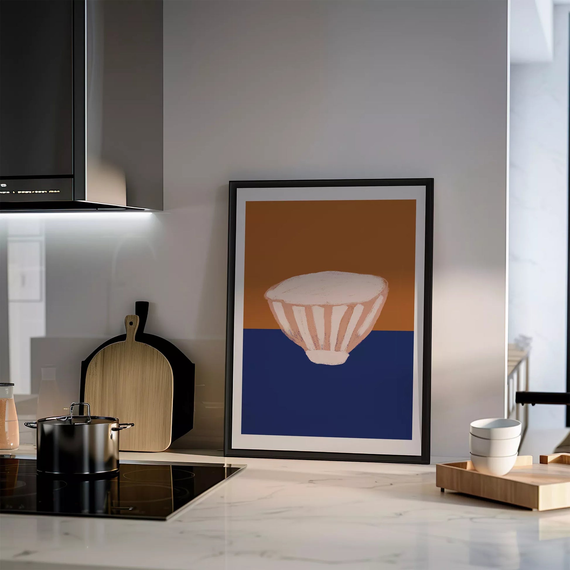 オレンジとブルーの背景に描かれたミニマルなボウルのアートプリント