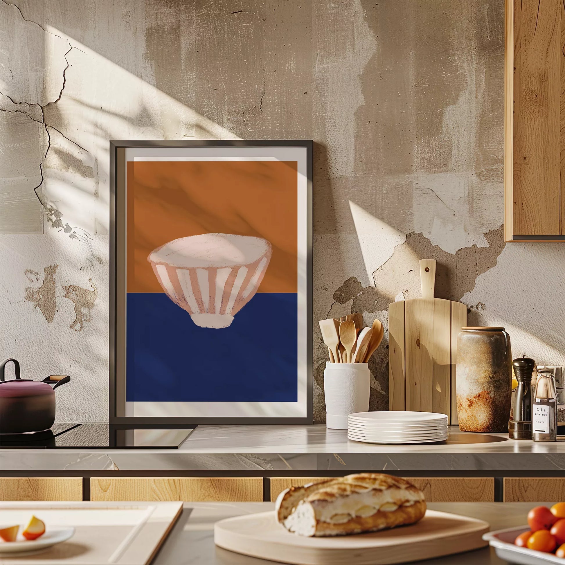 オレンジとブルーの背景に描かれたミニマルなボウルのアートプリント