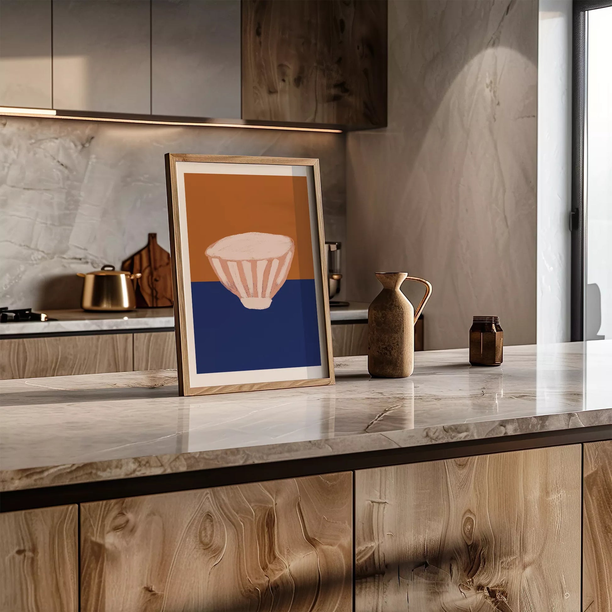 オレンジとブルーの背景に描かれたミニマルなボウルのアートプリント