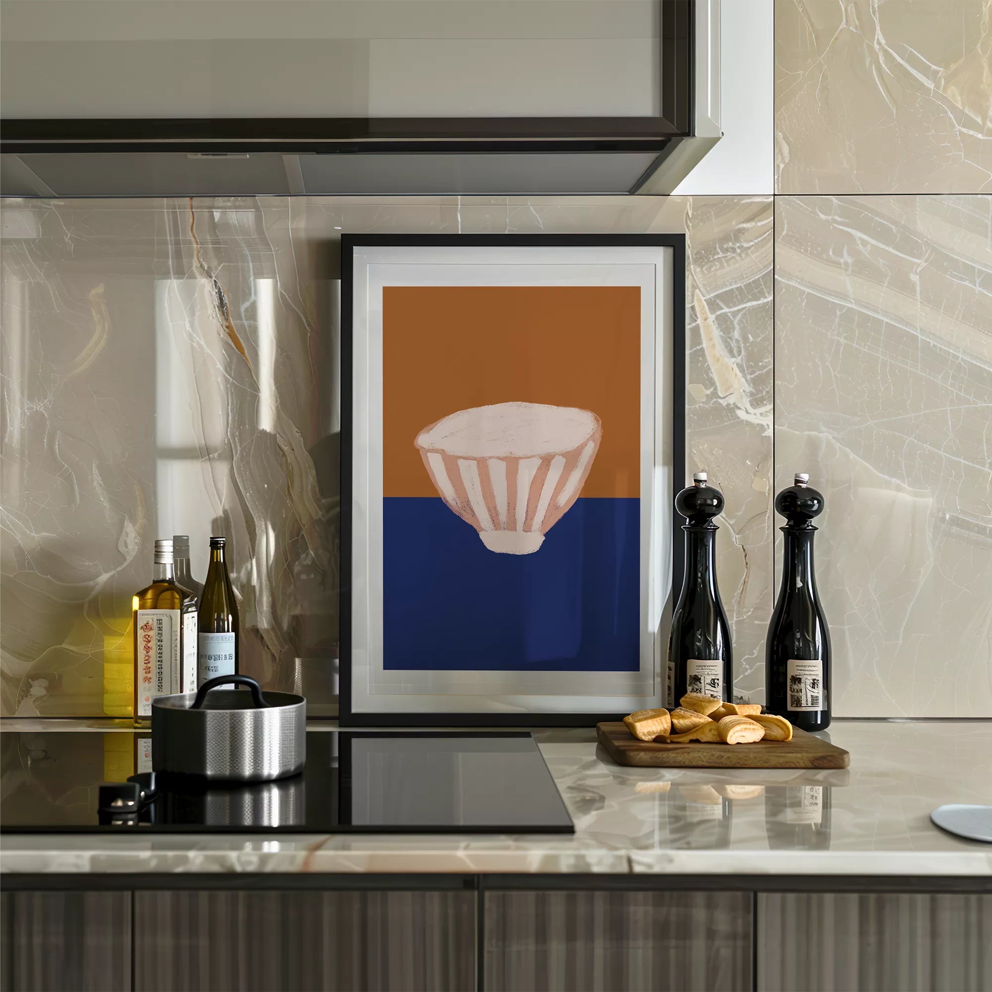 オレンジとブルーの背景に描かれたミニマルなボウルのアートプリント