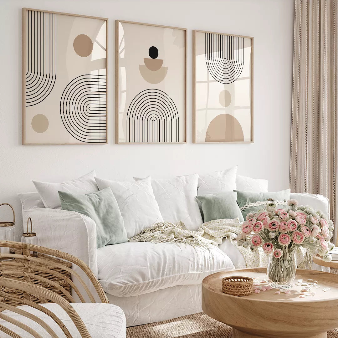 幾何学的なラインアートと円形のモダンな3点セット壁掛けアート