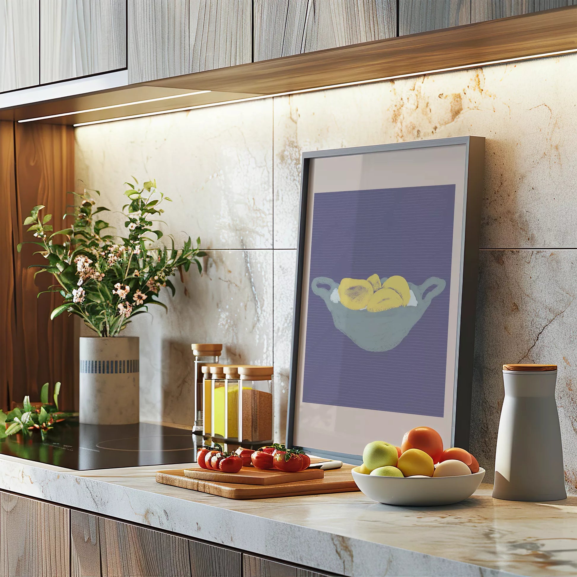 グレーのボウルに入った黄色いレモン パープル背景のモダンアート