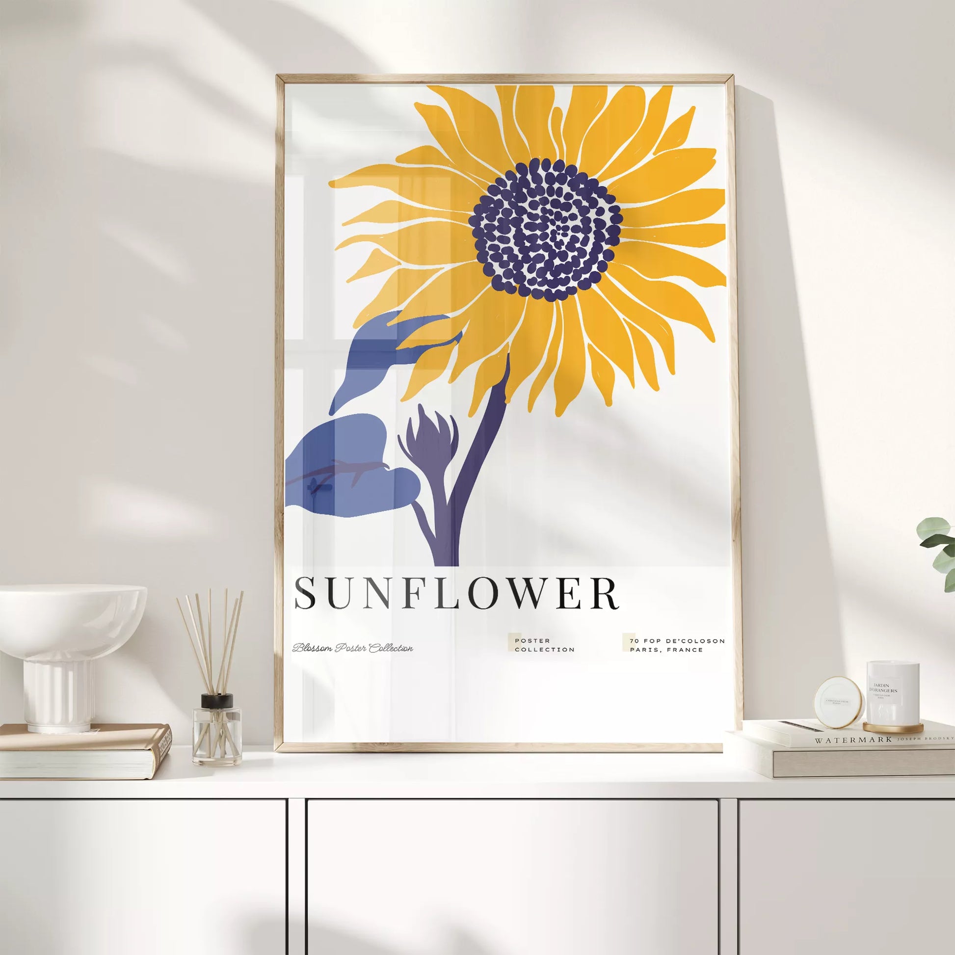 黄色いひまわりのミニマルアートプリント北欧デザイン