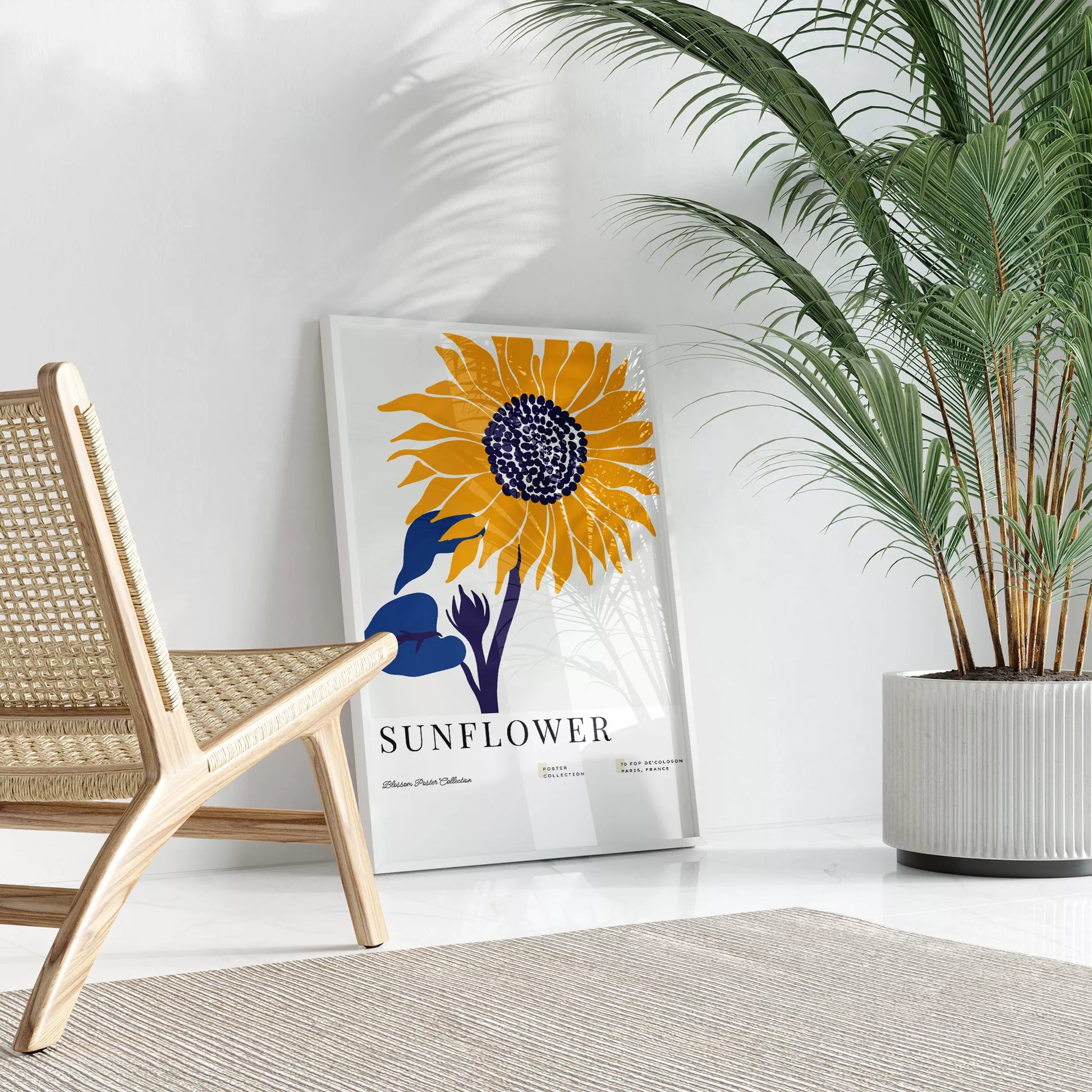 黄色いひまわりのミニマルアートプリント北欧デザイン