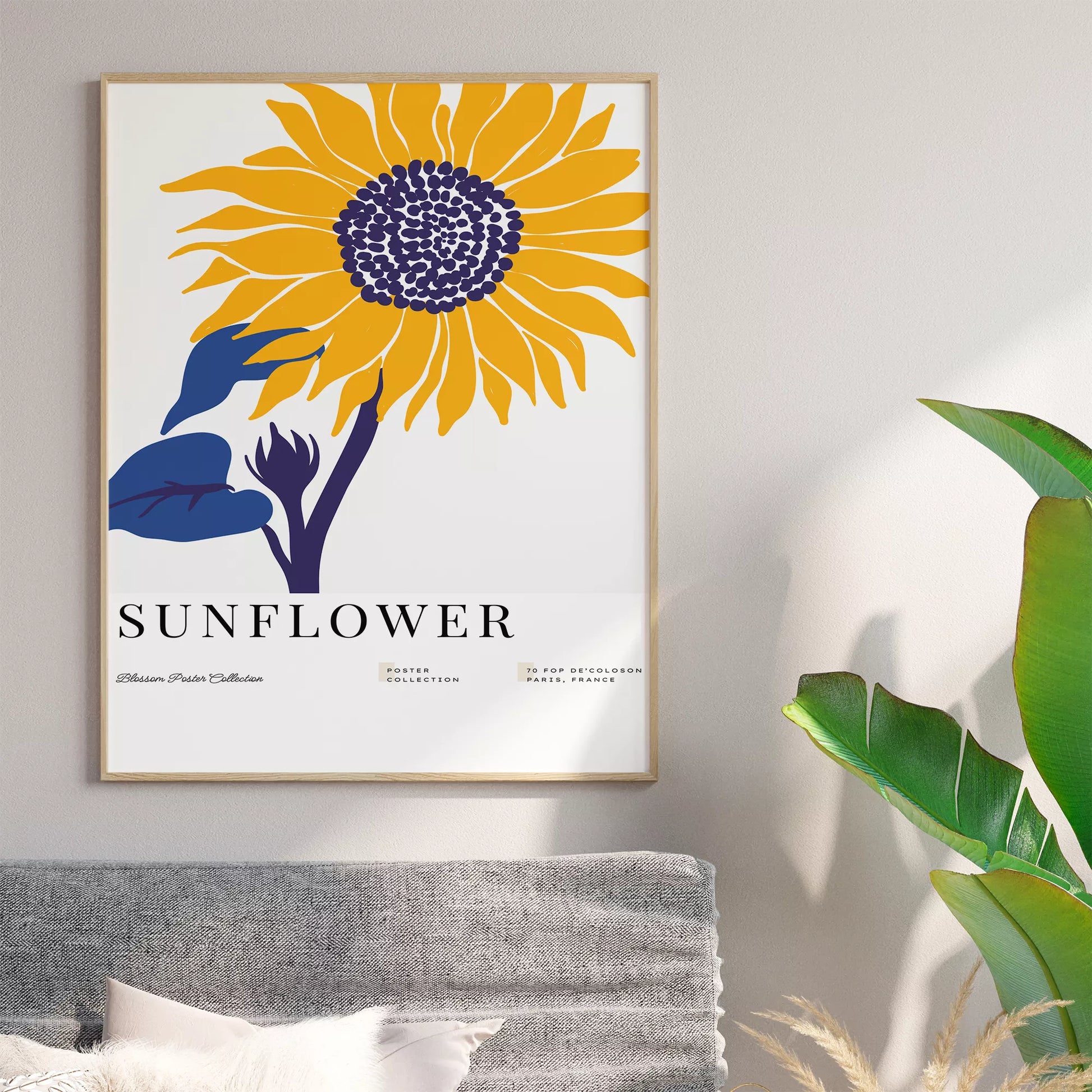 黄色いひまわりのミニマルアートプリント北欧デザイン