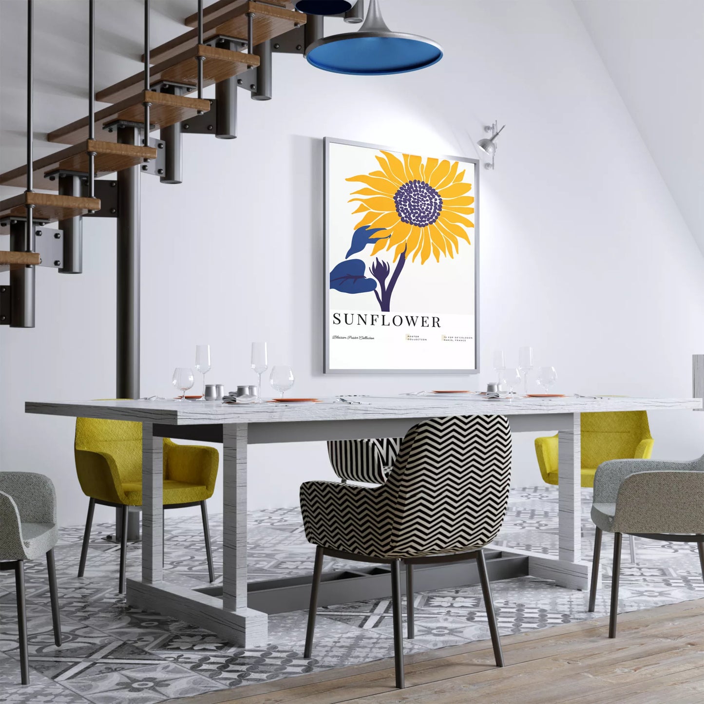 黄色いひまわりのミニマルアートプリント北欧デザイン