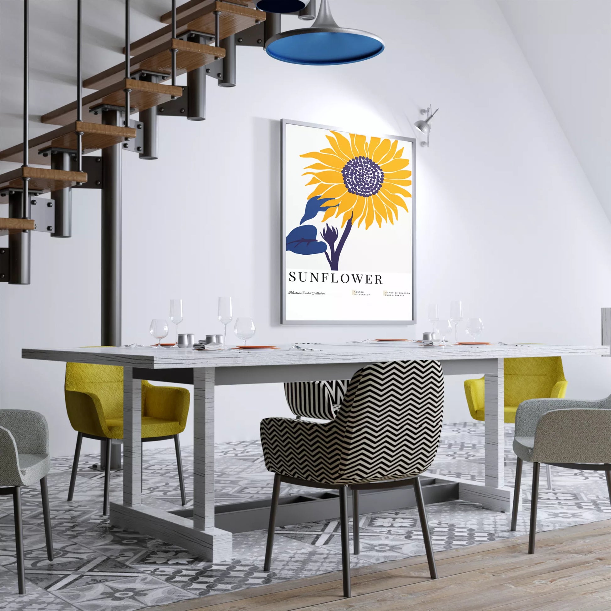 黄色いひまわりのミニマルアートプリント北欧デザイン