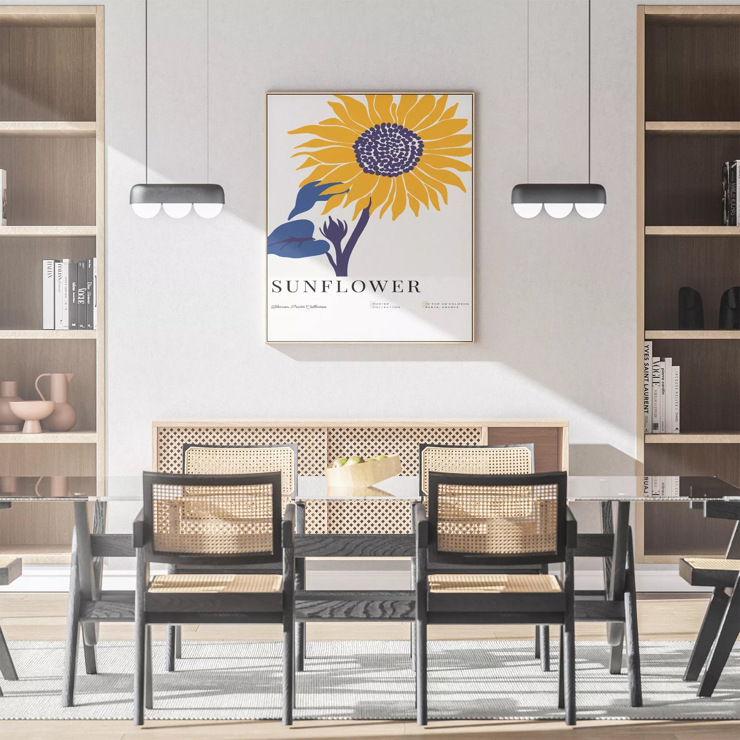 黄色いひまわりのミニマルアートプリント北欧デザイン