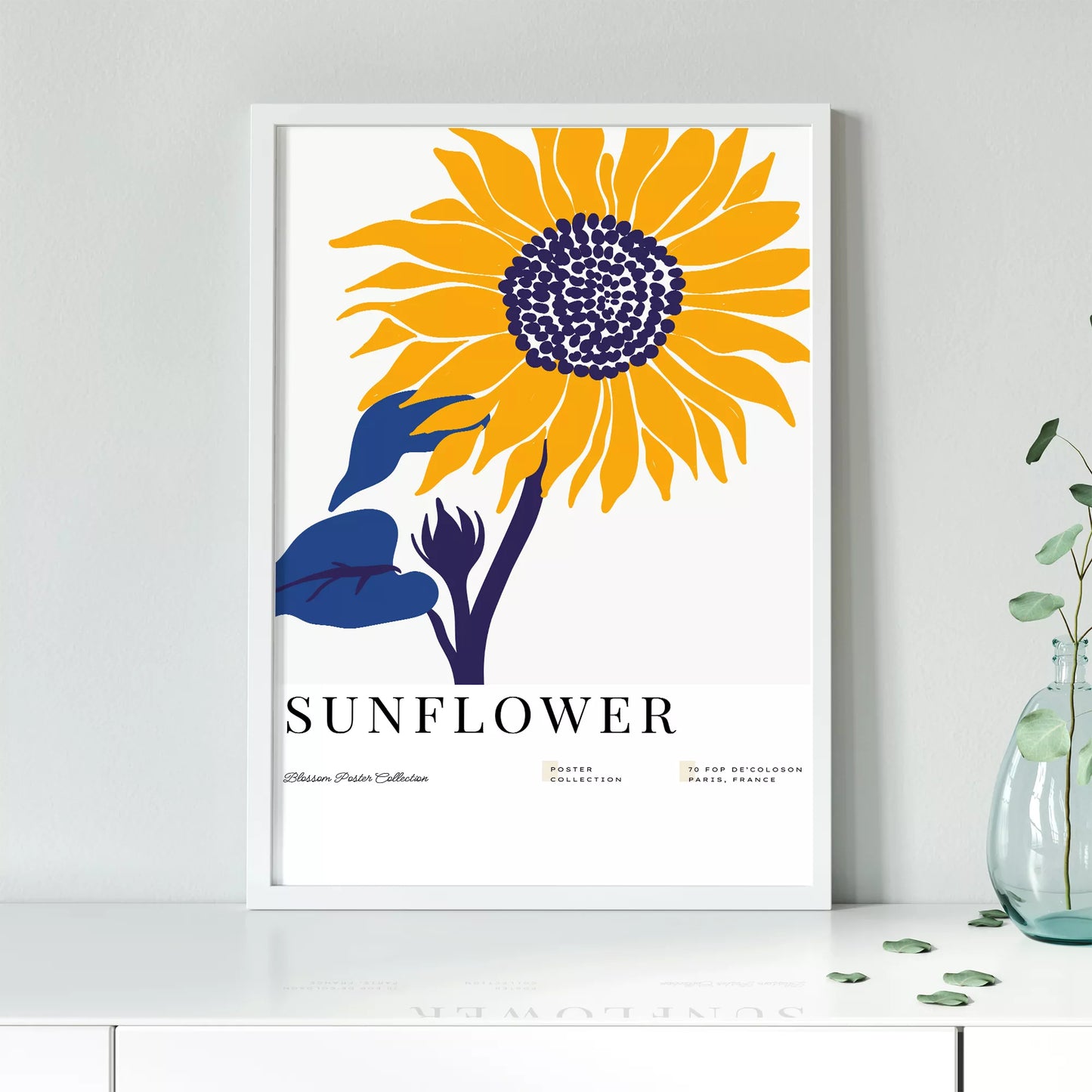 黄色いひまわりのミニマルアートプリント北欧デザイン